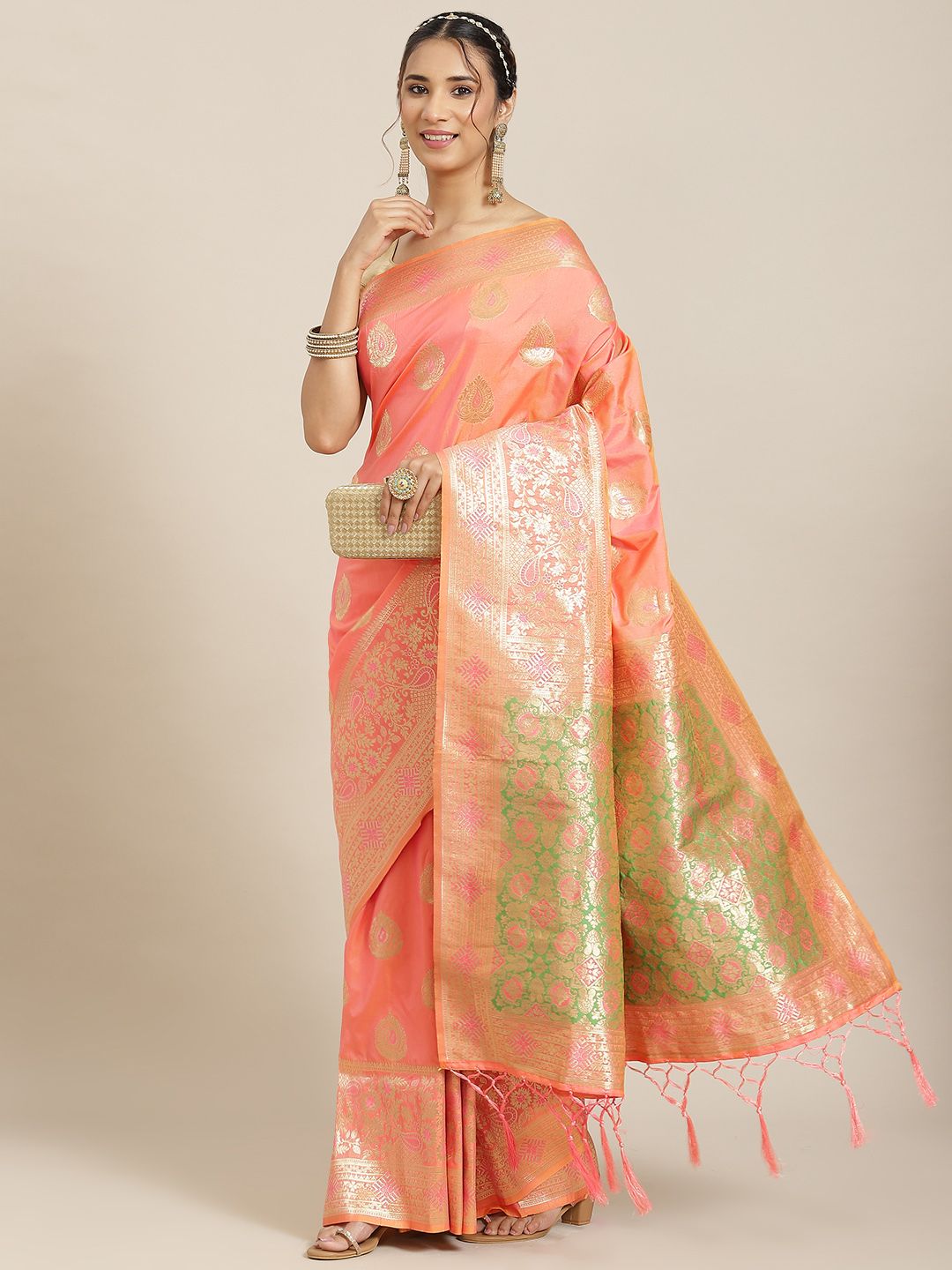 Havida Sarees Peach-Coloured Ethnic Motifs Zari Silk Blend Banarasi Saree Price in India