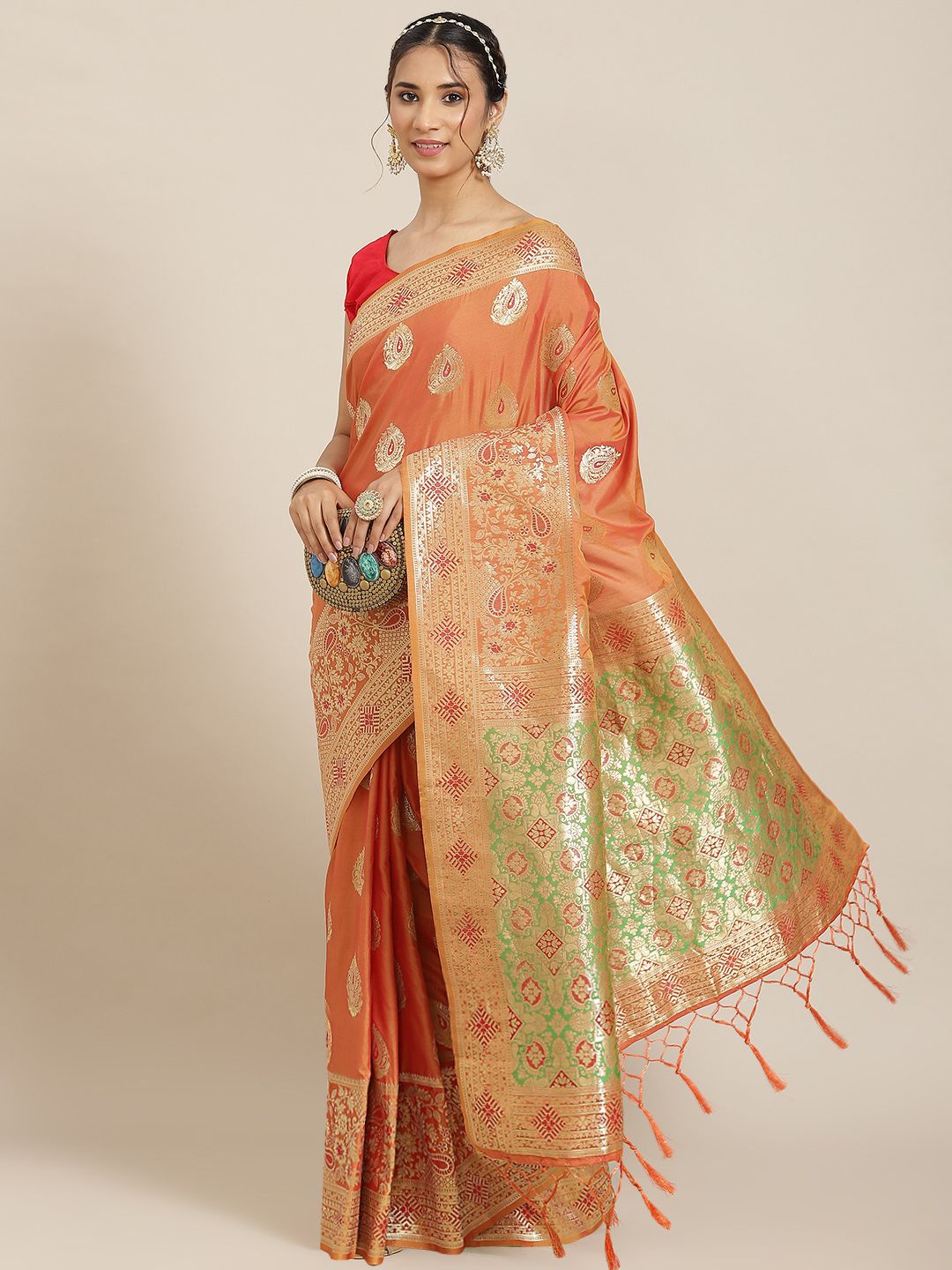 Havida Sarees Orange Ethnic Motifs Zari Silk Blend Banarasi Saree Price in India