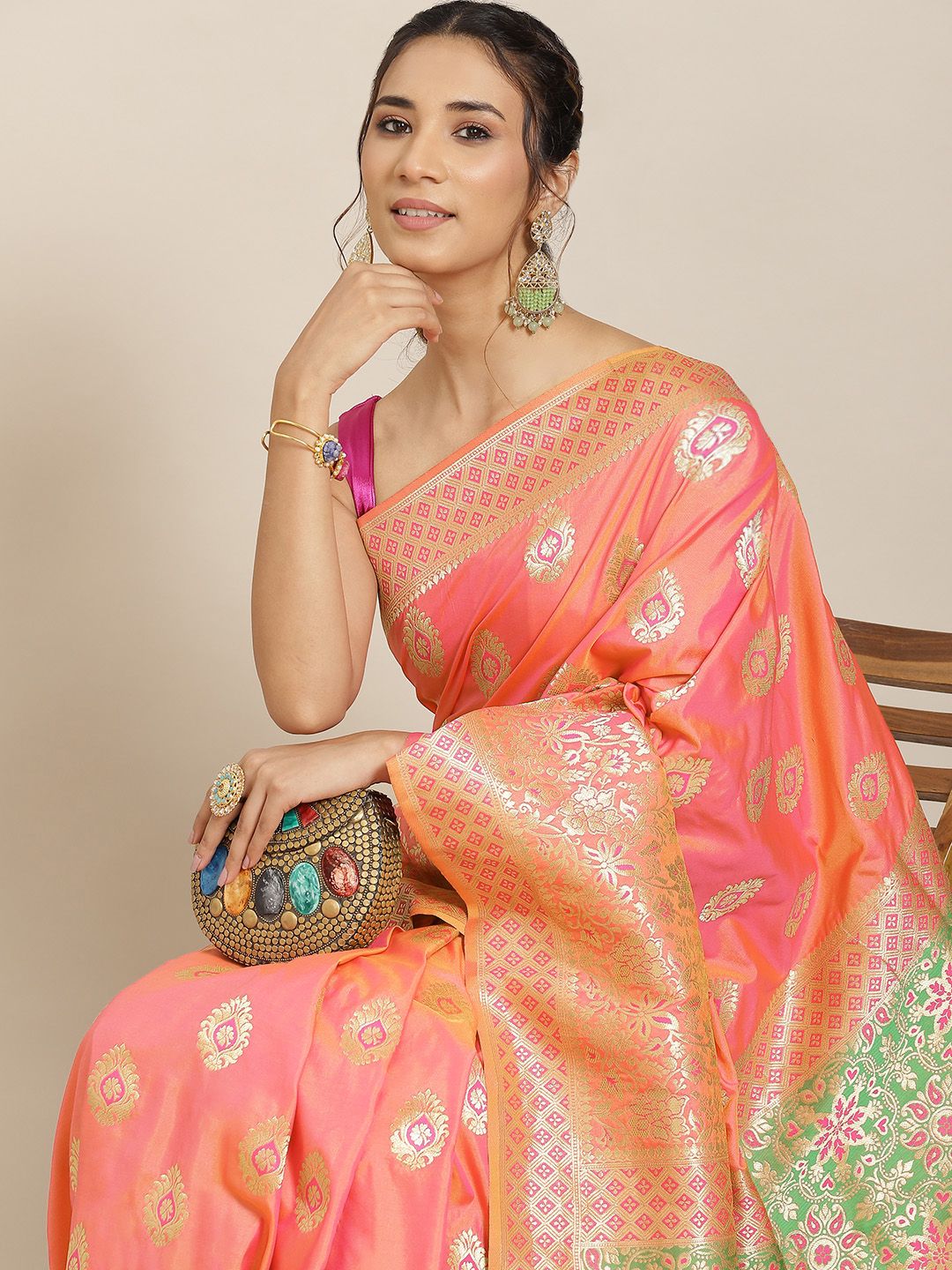 Havida Sarees Peach-Coloured Ethnic Motifs Zari Silk Blend Banarasi Saree Price in India