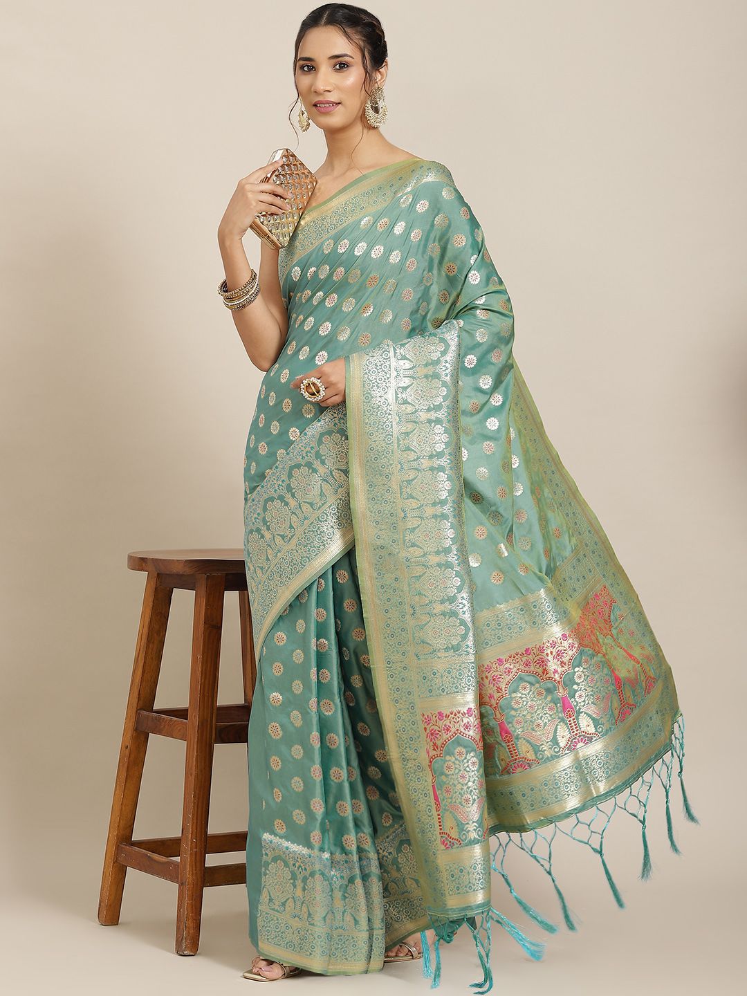 Havida Sarees Blue Ethnic Motifs Zari Silk Blend Banarasi Saree Price in India