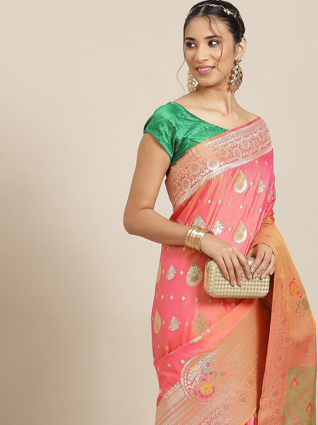 Havida Sarees Pink Ethnic Motifs Zari Silk Blend Banarasi Saree Price in India