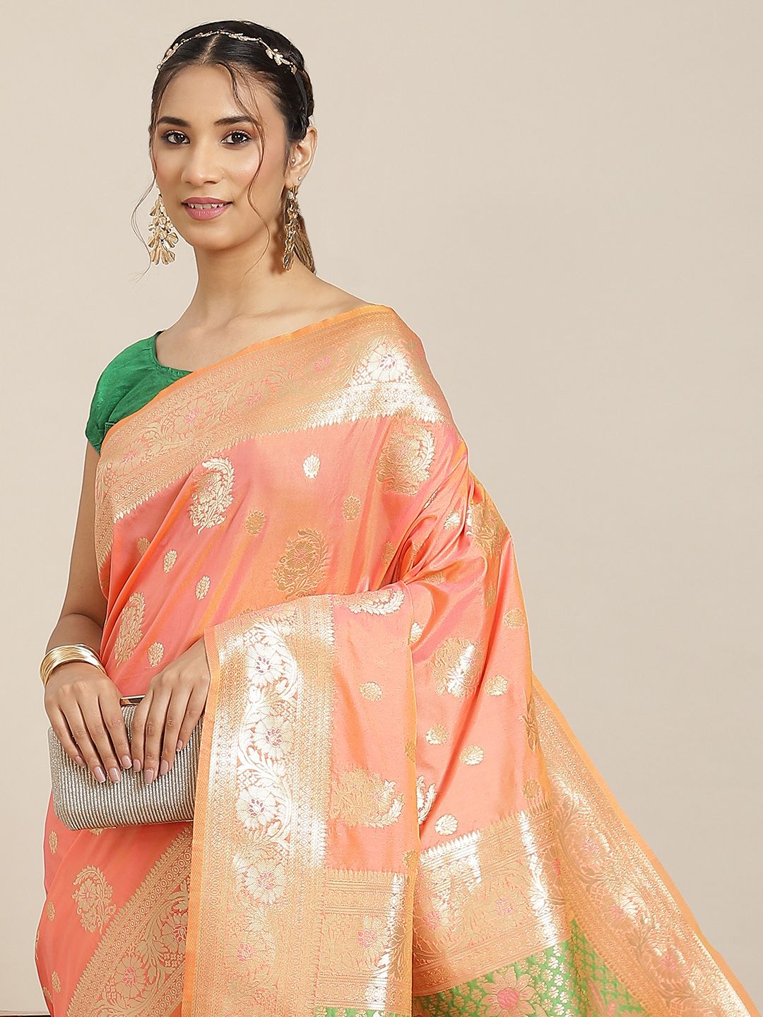 Havida Sarees Peach-Coloured Ethnic Motifs Zari Silk Blend Banarasi Saree Price in India