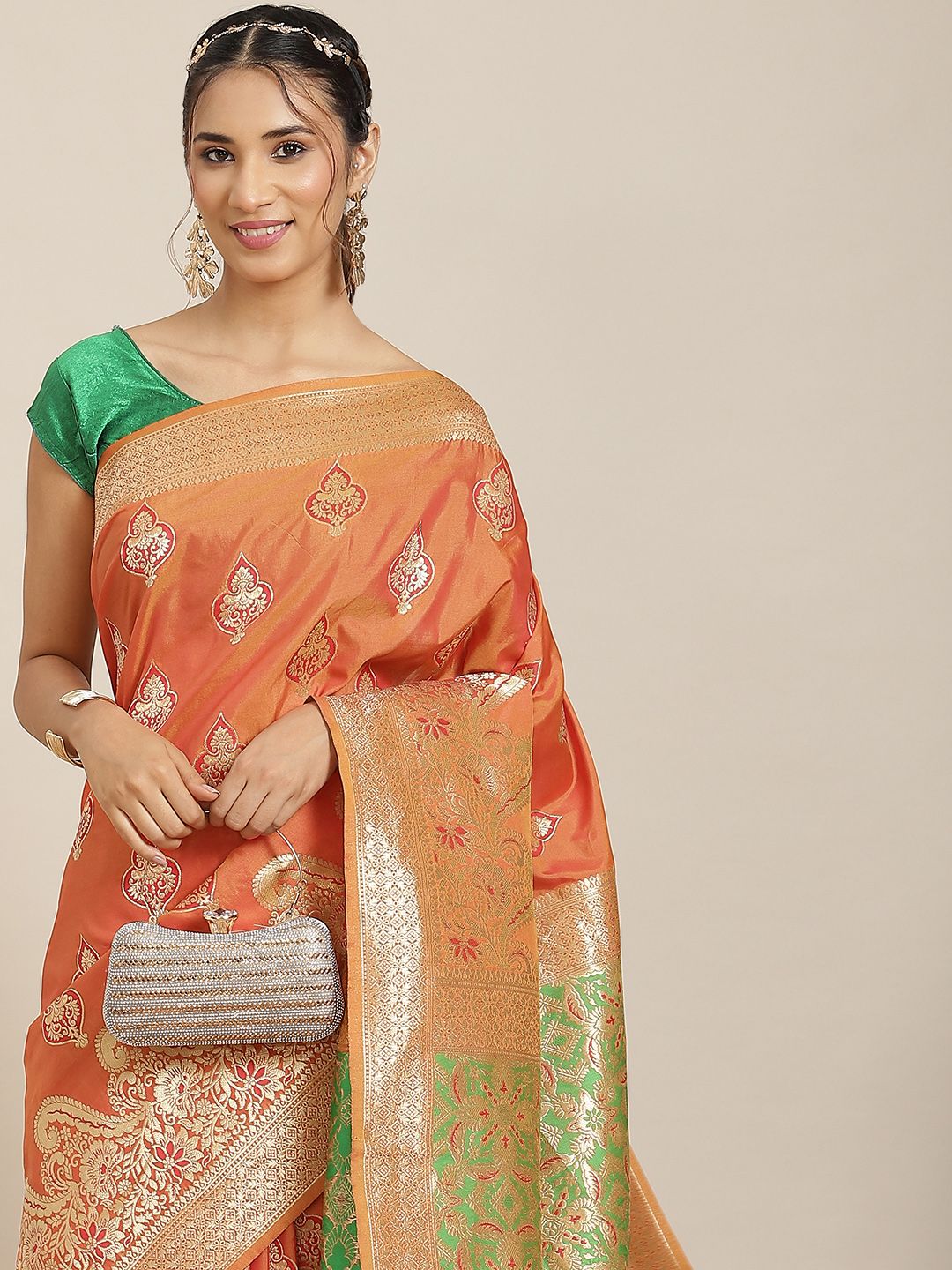 Havida Sarees Orange Ethnic Motifs Zari Silk Blend Banarasi Saree Price in India