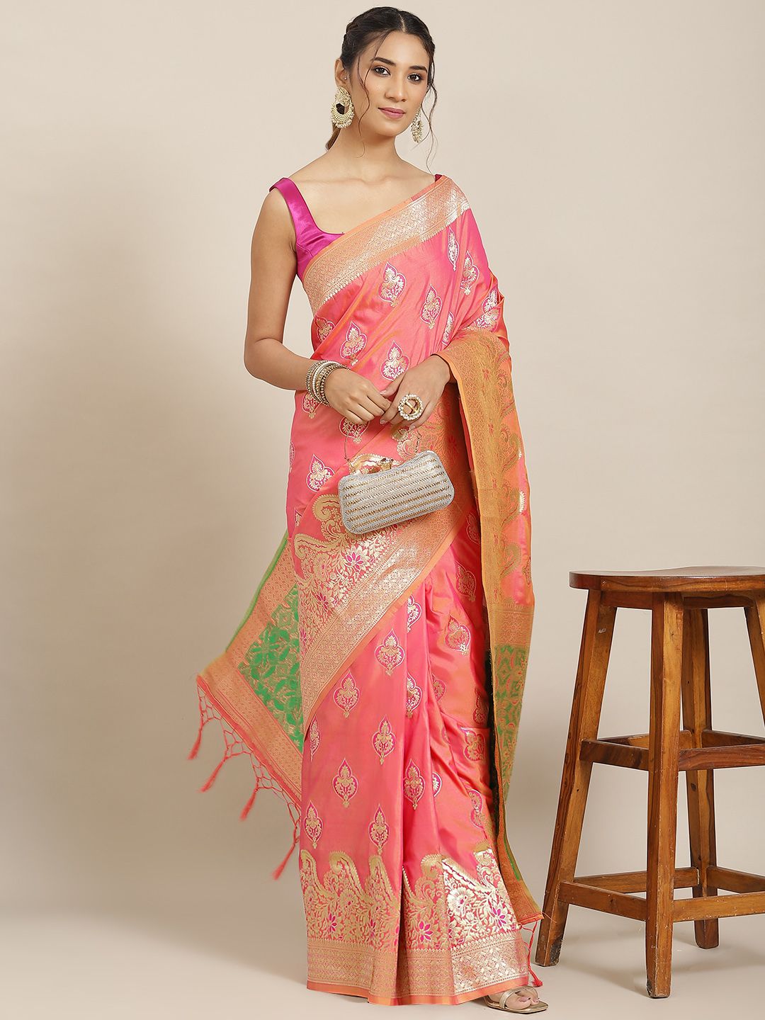 Havida Sarees Pink Ethnic Motifs Zari Silk Blend Banarasi Saree Price in India