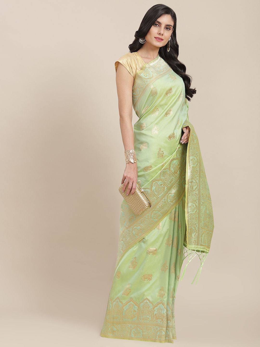 Havida Sarees Green & Golden Ethnic Motifs Zari Silk Blend Banarasi Saree Price in India