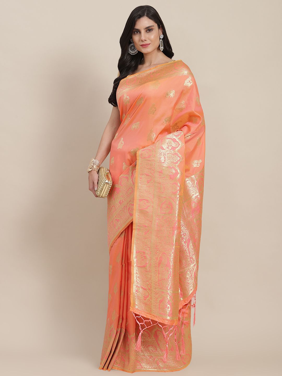 Havida Sarees Peach-Coloured Ethnic Motifs Zari Silk Blend Banarasi Saree Price in India