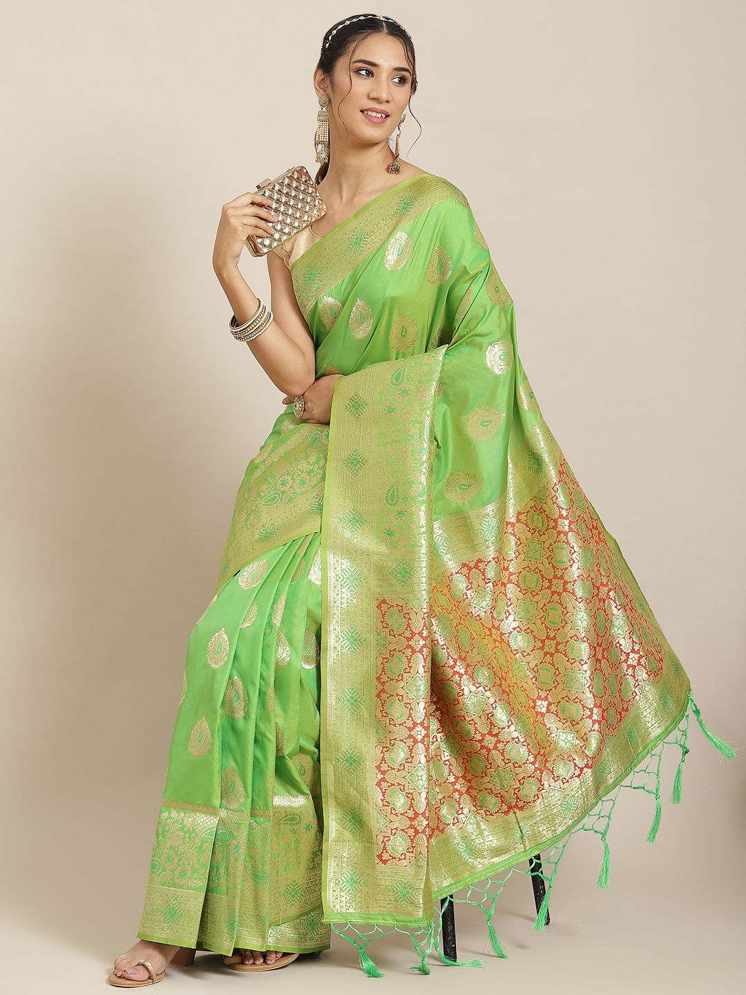 Havida Sarees Green Ethnic Motifs Zari Silk Blend Banarasi Saree Price in India