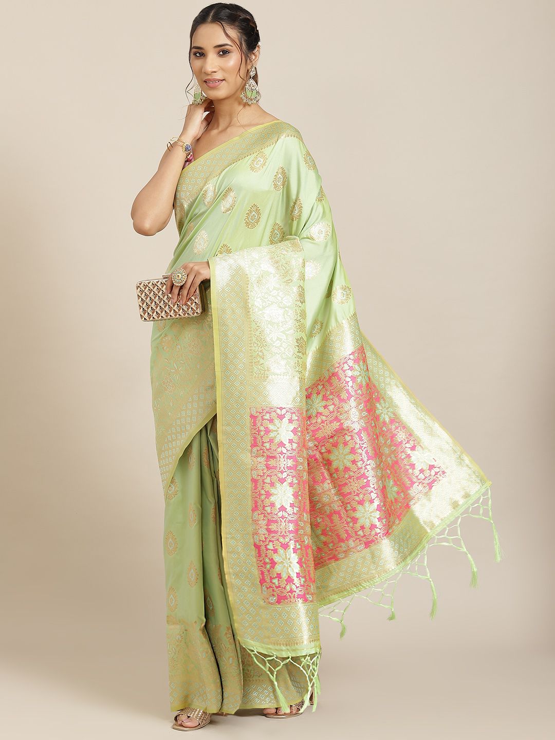 Havida Sarees Green Ethnic Motifs Zari Silk Blend Banarasi Saree Price in India