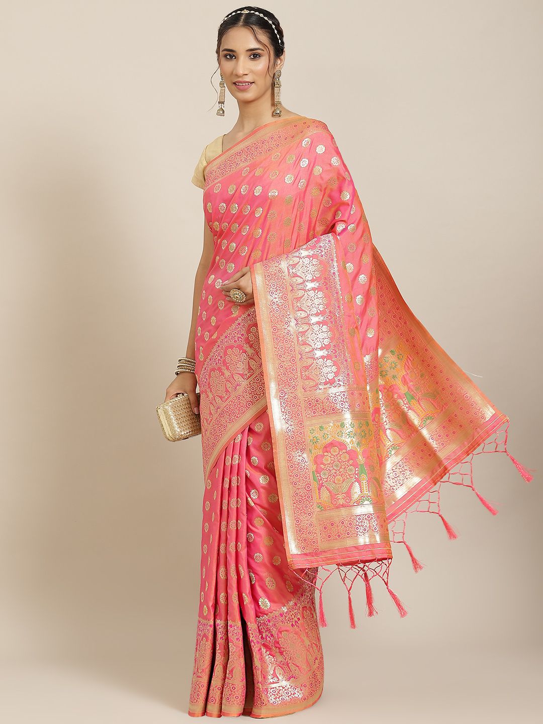 Havida Sarees Peach-Coloured Ethnic Motifs Zari Silk Blend Banarasi Saree Price in India