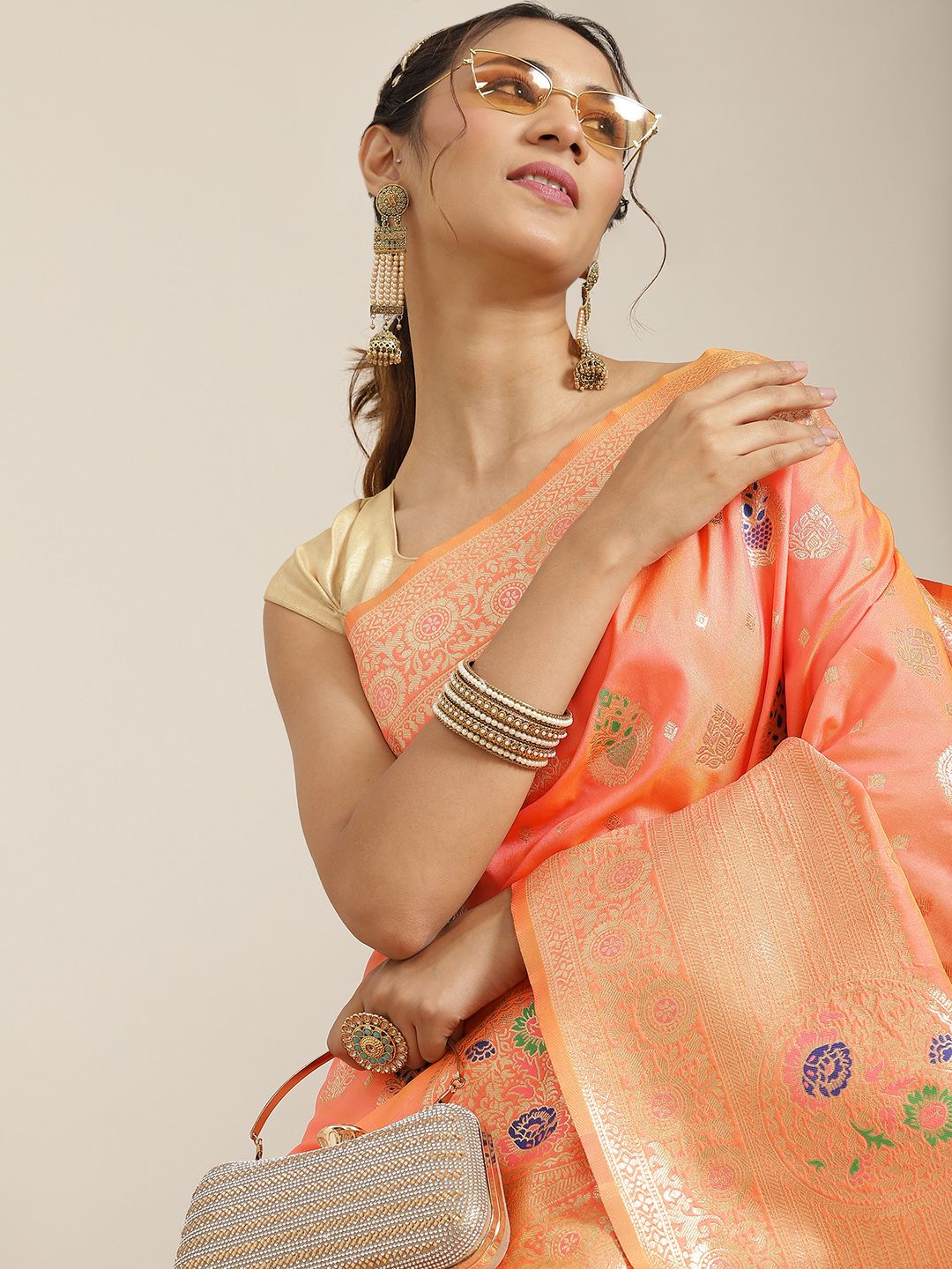 Havida Sarees Peach-Coloured Ethnic Motifs Zari Silk Blend Banarasi Saree Price in India