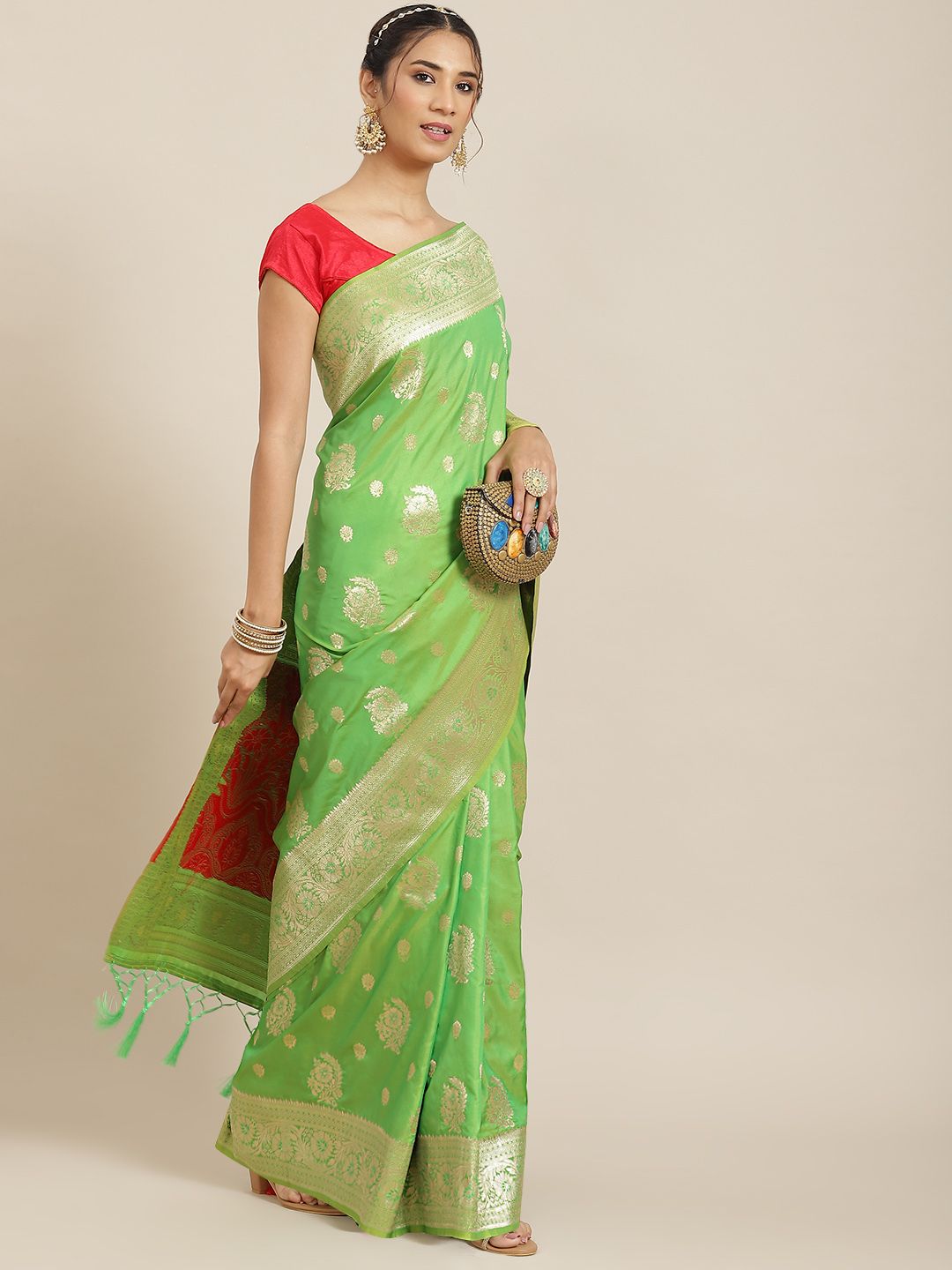 Havida Sarees Green Ethnic Motifs Zari Silk Blend Banarasi Saree Price in India