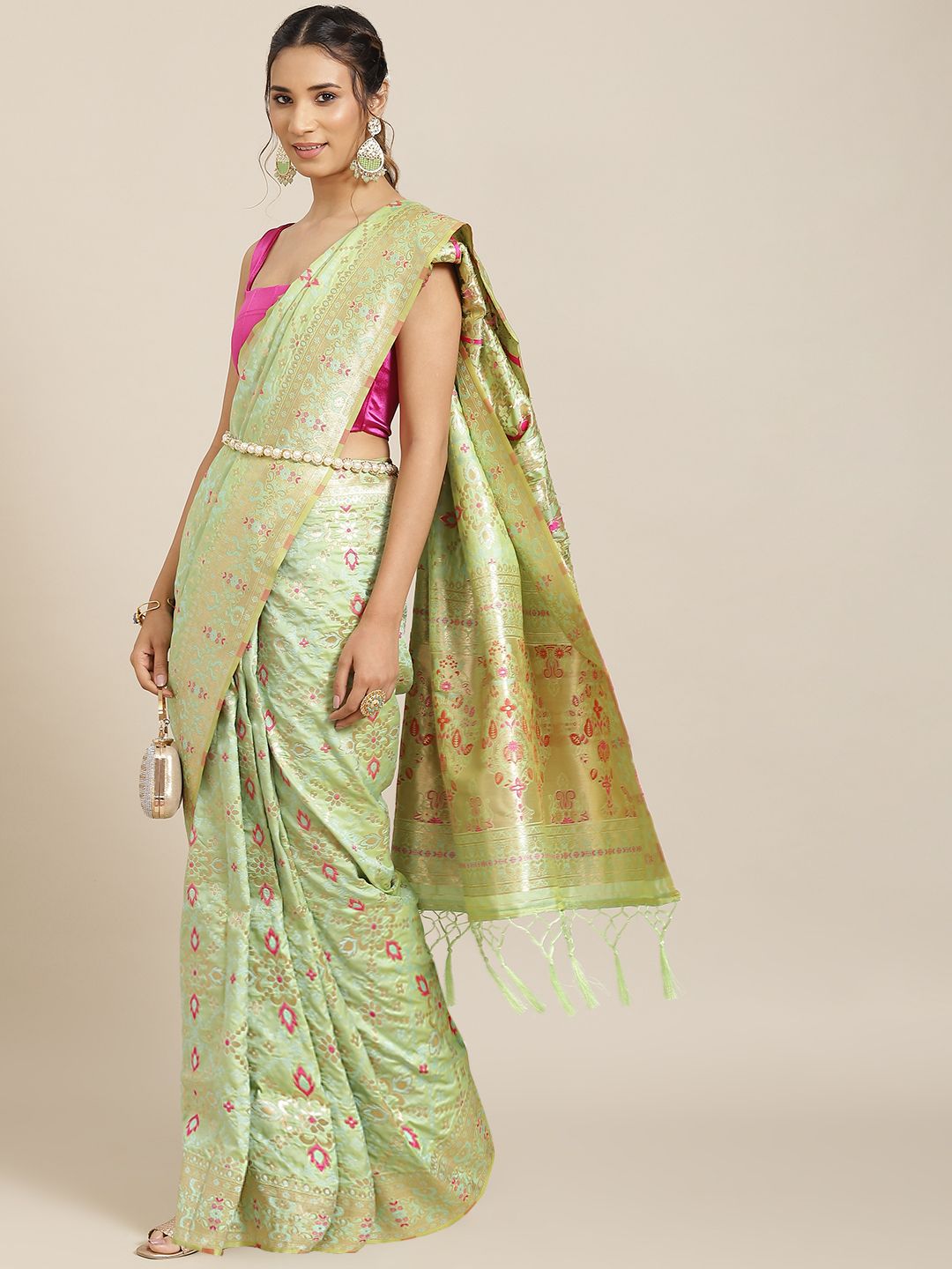 Havida Sarees Green Ethnic Motifs Zari Silk Blend Banarasi Saree Price in India