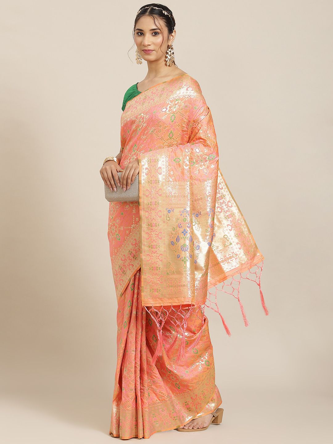 Havida Sarees Peach-Coloured Ethnic Motifs Zari Silk Blend Banarasi Saree Price in India