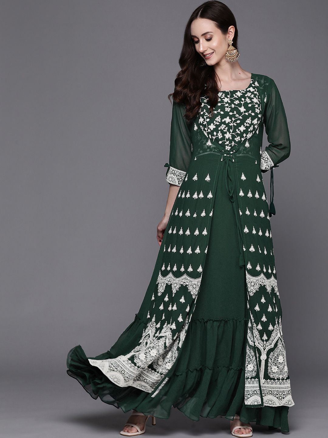 Indo Era Green Floral Embroidered Georgette Ethnic A-Line Maxi Dress Price in India