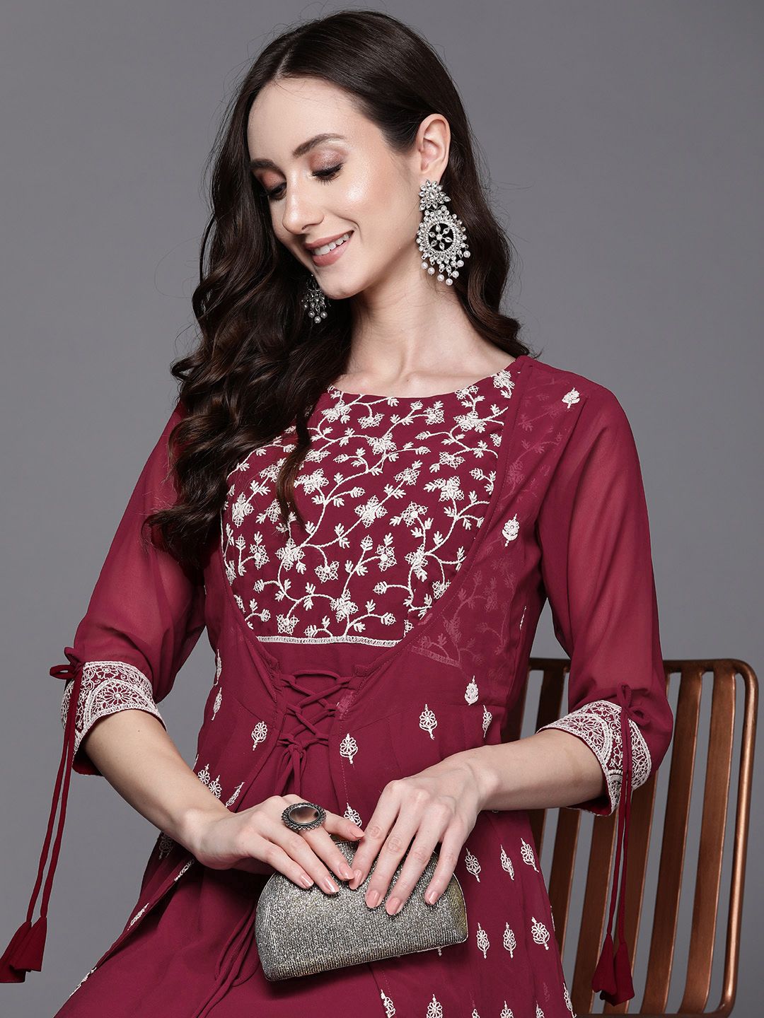 Indo Era Burgundy Floral Embroidered Georgette Ethnic A-Line Maxi Dress Price in India
