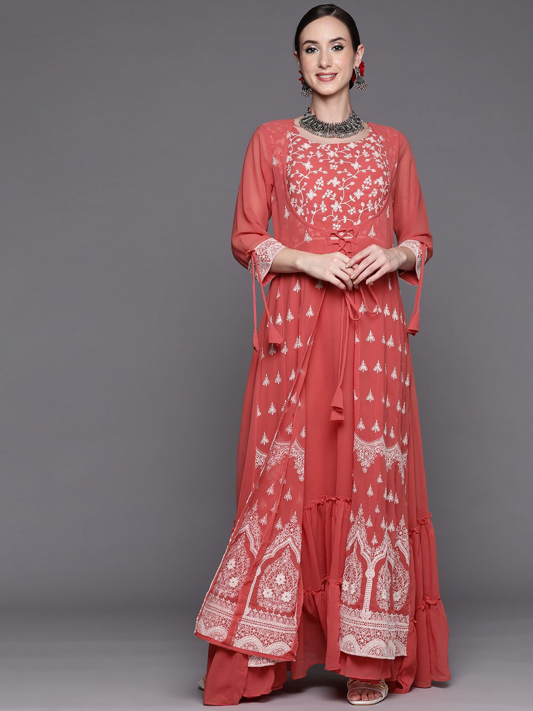 Indo Era Women Red & White Ethnic Motifs Embroidered Georgette A-Line Maxi Dress Price in India