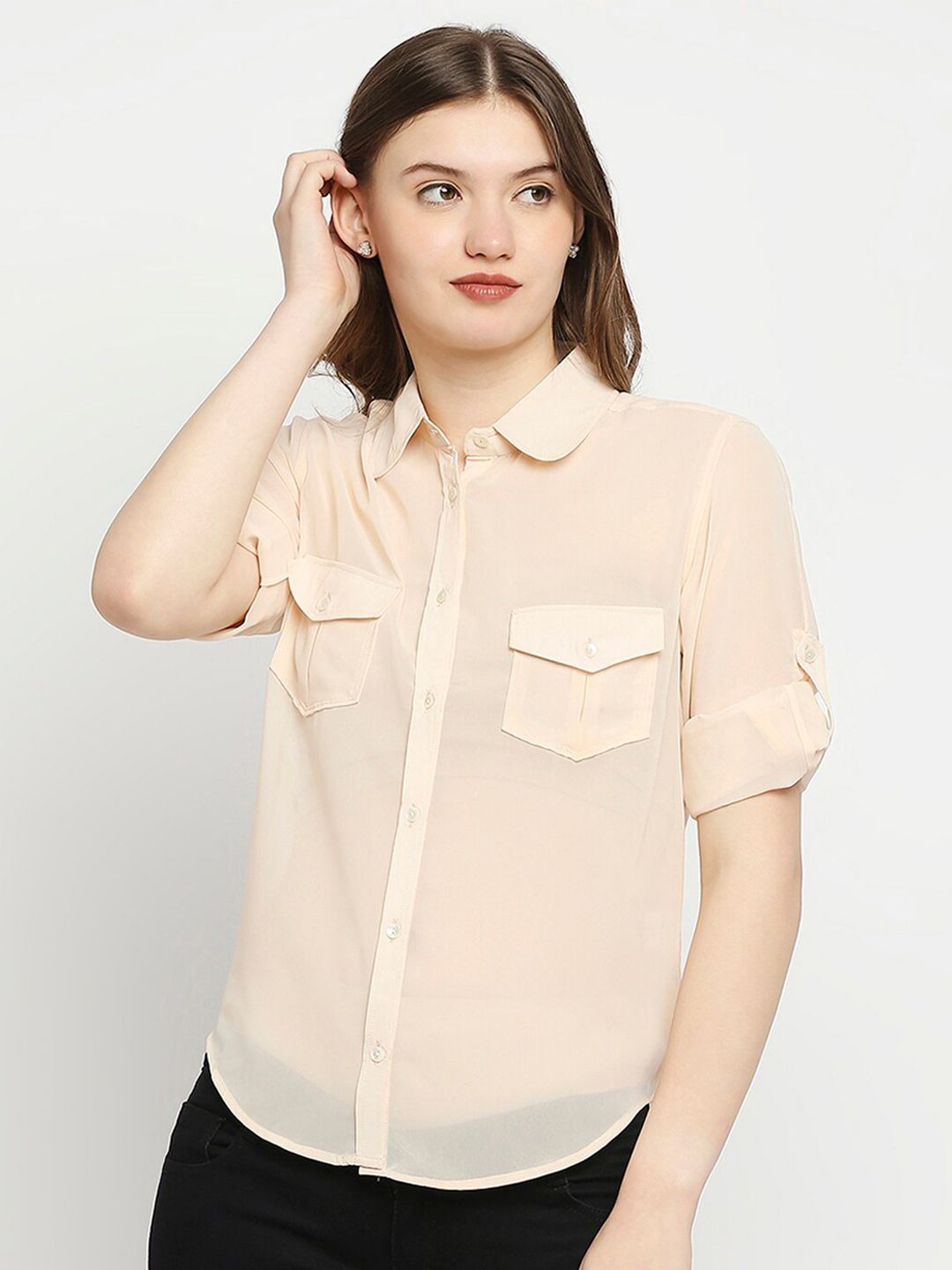 aaliya Peach-Coloured Roll-Up Sleeves Georgette Shirt Style Top Price in India