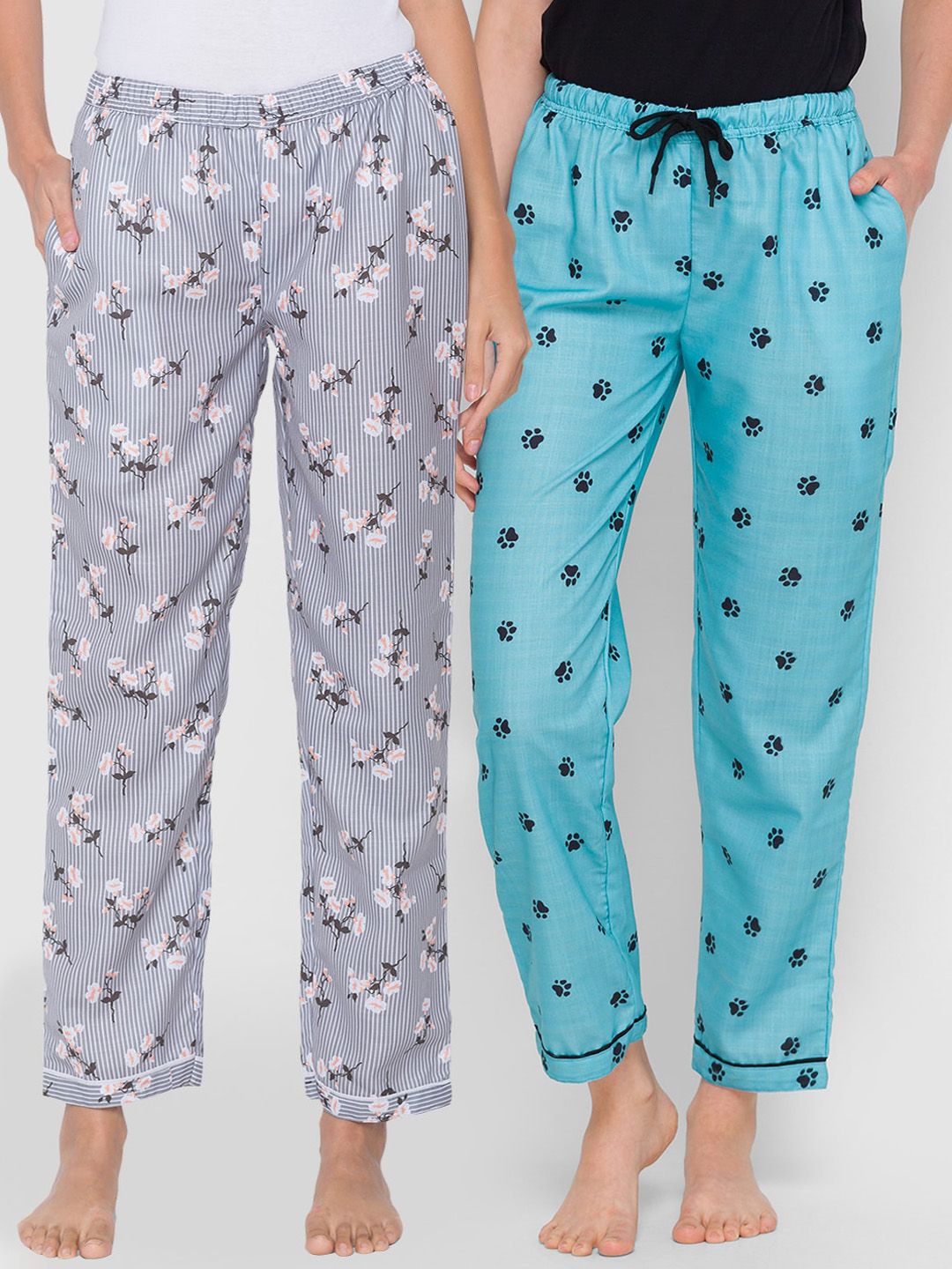 FashionRack Women Pack of 2 Grey & Blue Printed Cotton Lounge Pants Price in India