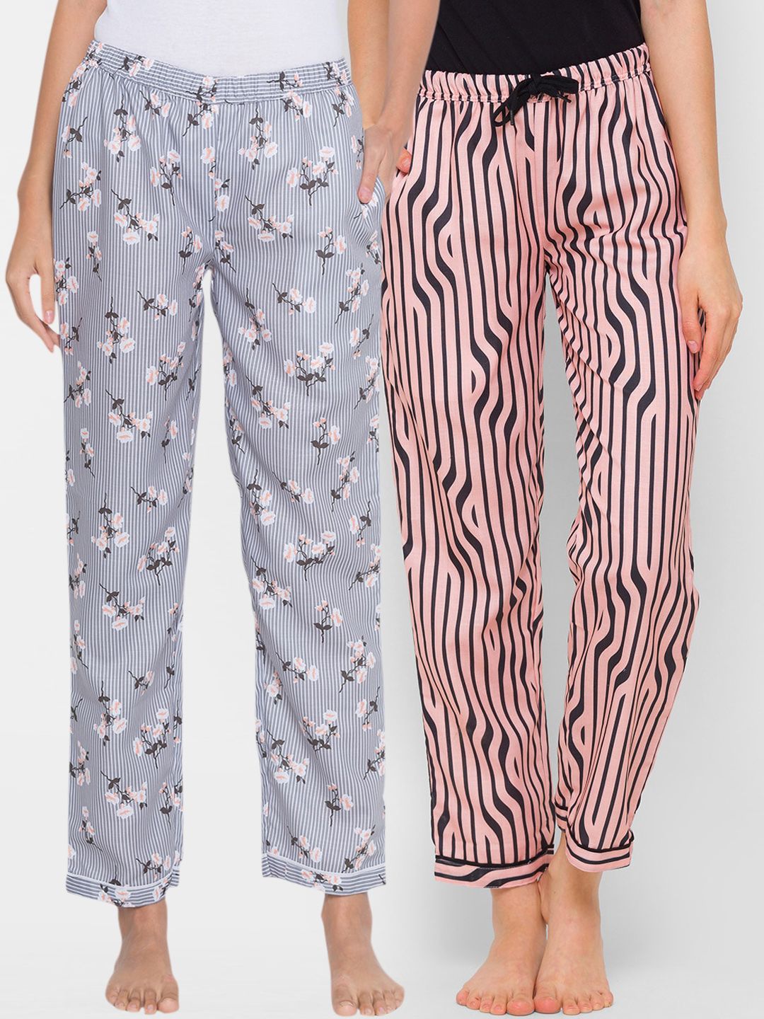 FashionRack Women Pack of 2 Grey & Beige Printed Cotton Lounge Pants Price in India