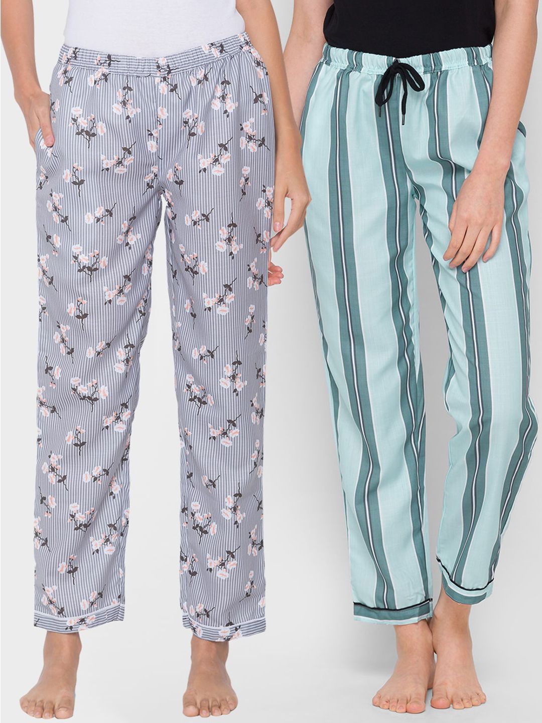 FashionRack Pack of 2 Grey & Blue Printed Cotton Lounge Pants Price in India