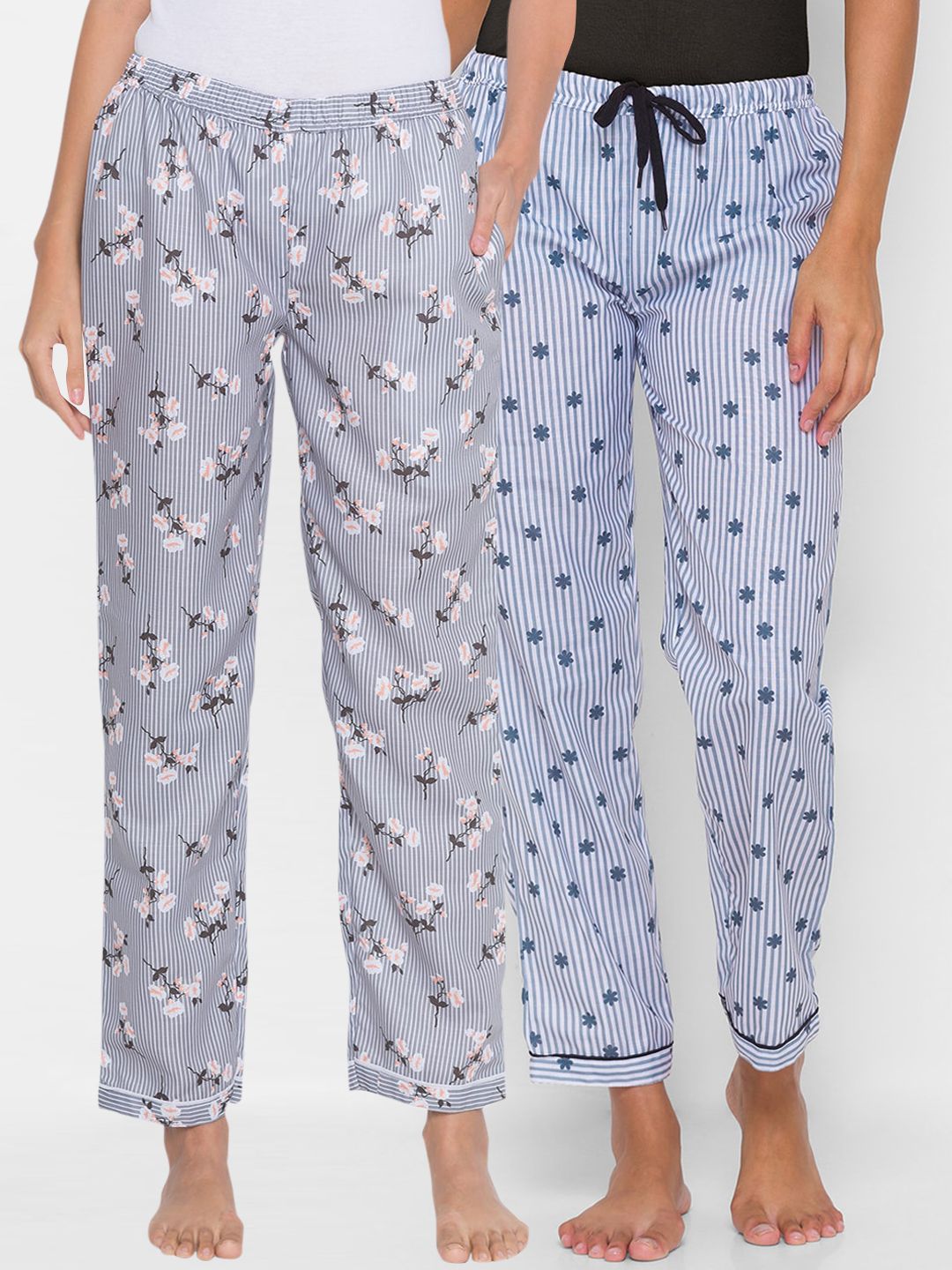 FashionRack Women Pack of 2 Grey & Blue Printed Cotton Lounge Pants Price in India