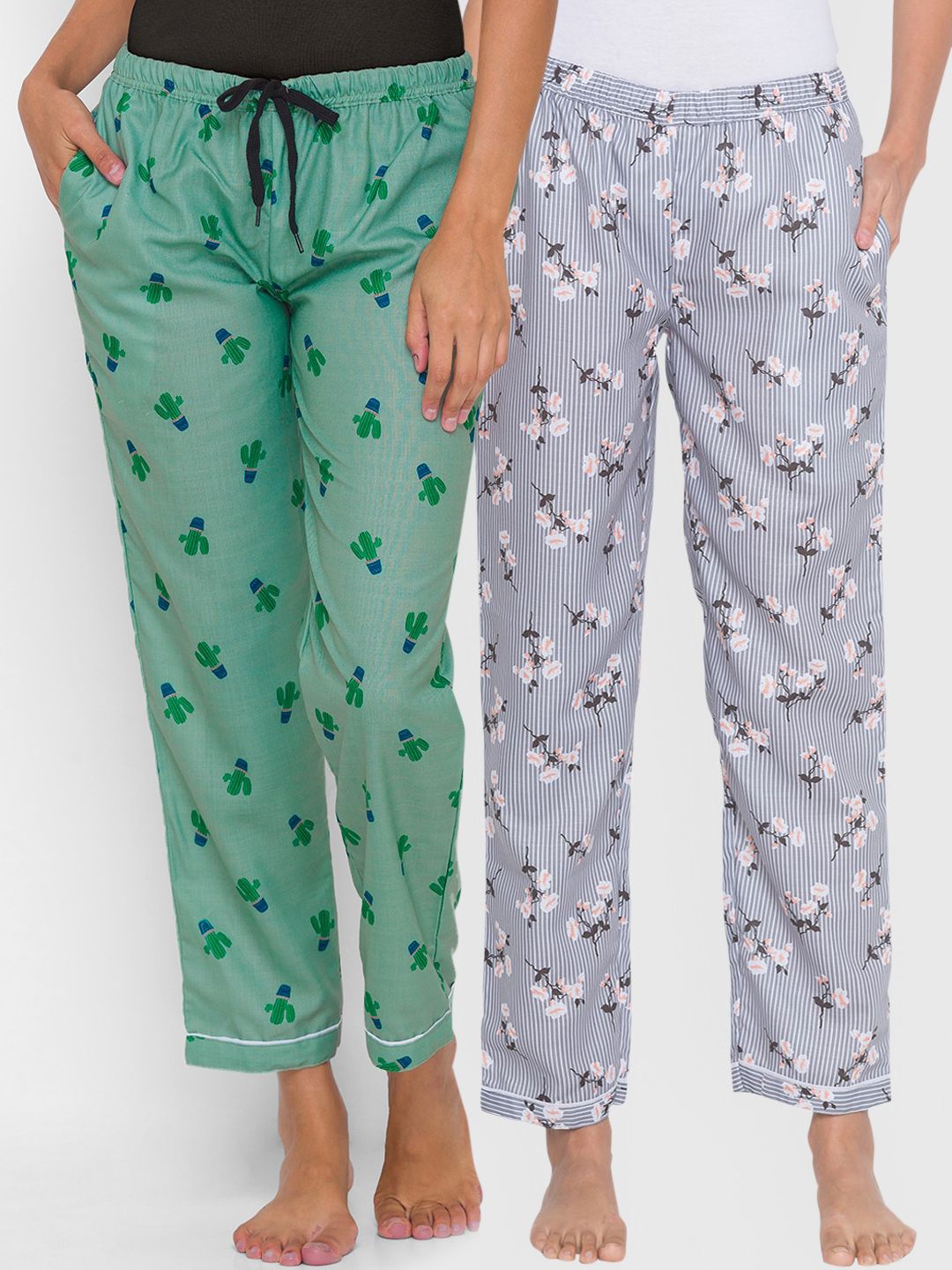 FashionRack Women Pack of 2 Grey & Green Printed Cotton Lounge Pants Price in India