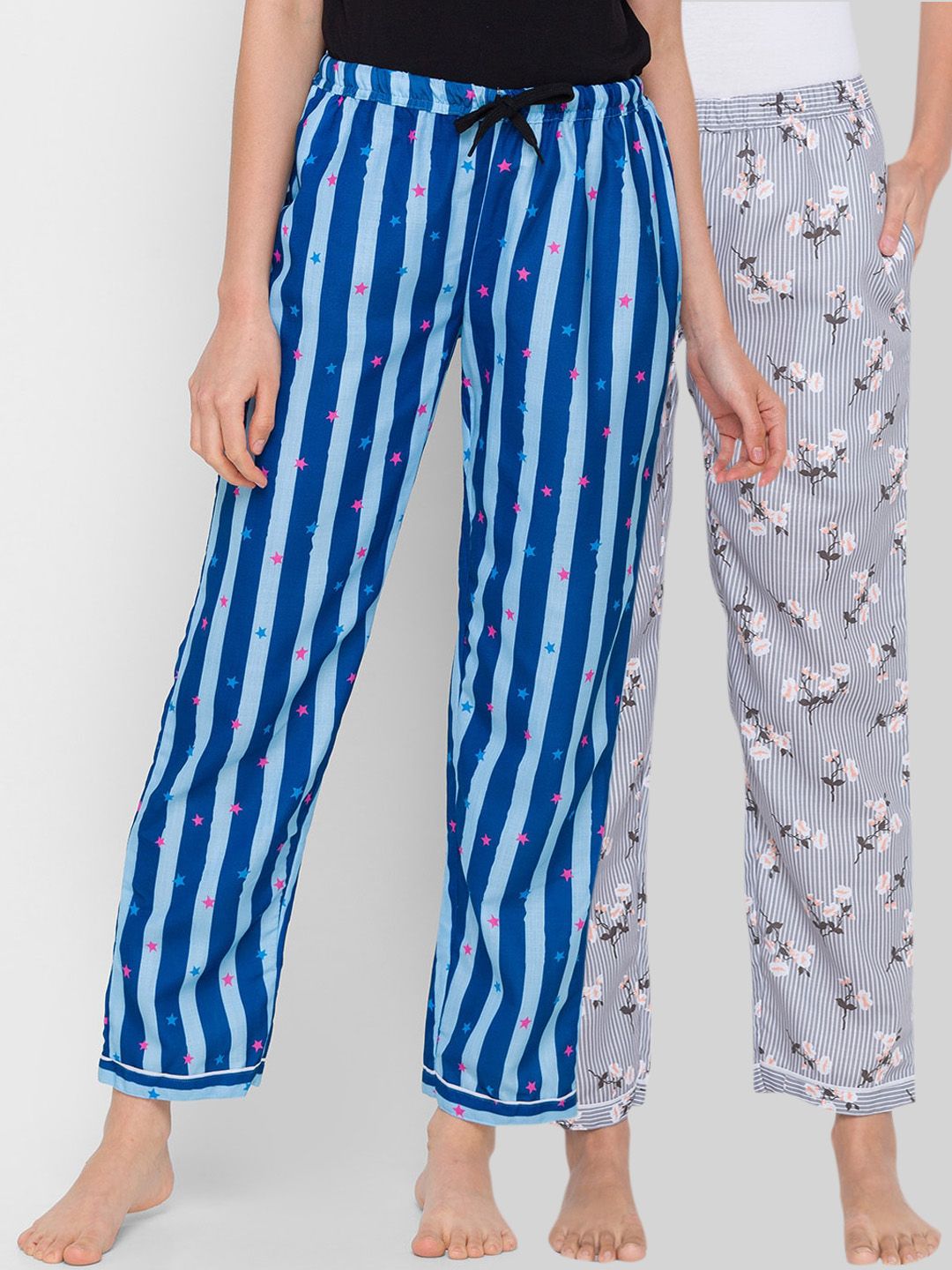 FashionRack Women Pack of 2 Grey & Blue Printed Cotton Lounge Pants Price in India