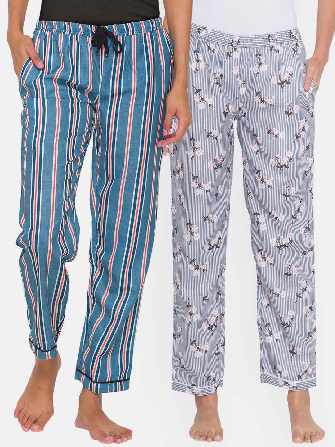 FashionRack Pack of 2 Grey & Navy Blue Printed Cotton Lounge Pants Price in India