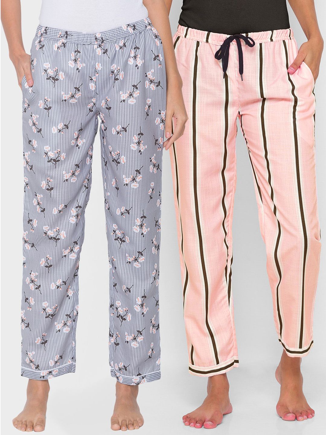 FashionRack Women Pack of 2 Grey & Pink Printed Cotton Lounge Pants Price in India