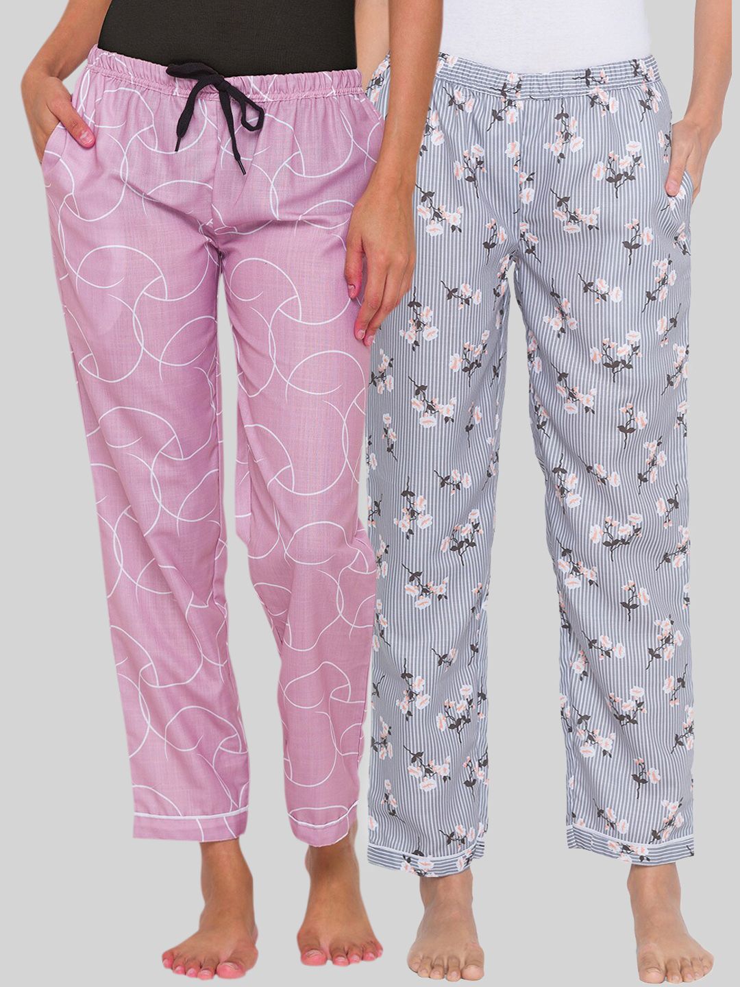 FashionRack Women Pack of 2 Grey & Pink Printed Cotton Lounge Pants Price in India