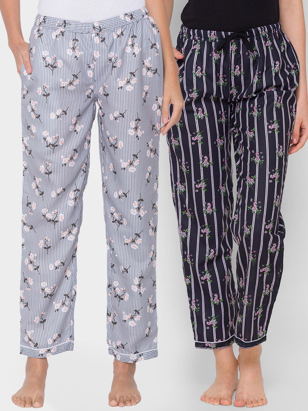 FashionRack Pack of 2 Black & Grey Floral Printed Cotton Lounge Pants Price in India