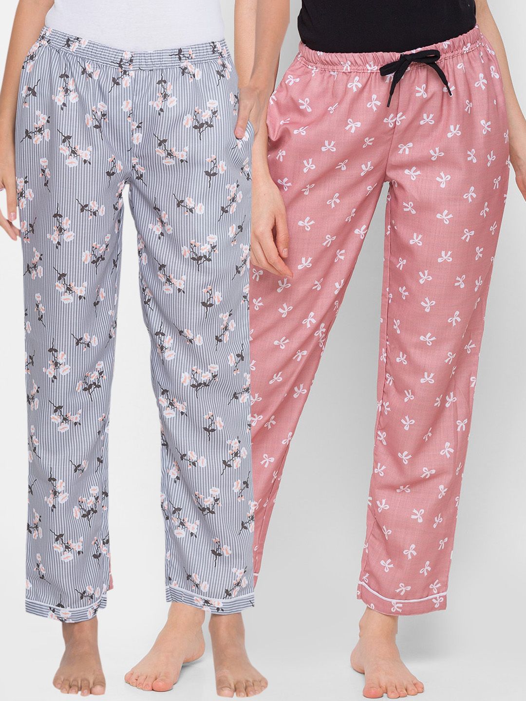 FashionRack Women Pack of 2 Grey & Peach Printed Cotton Lounge Pants Price in India