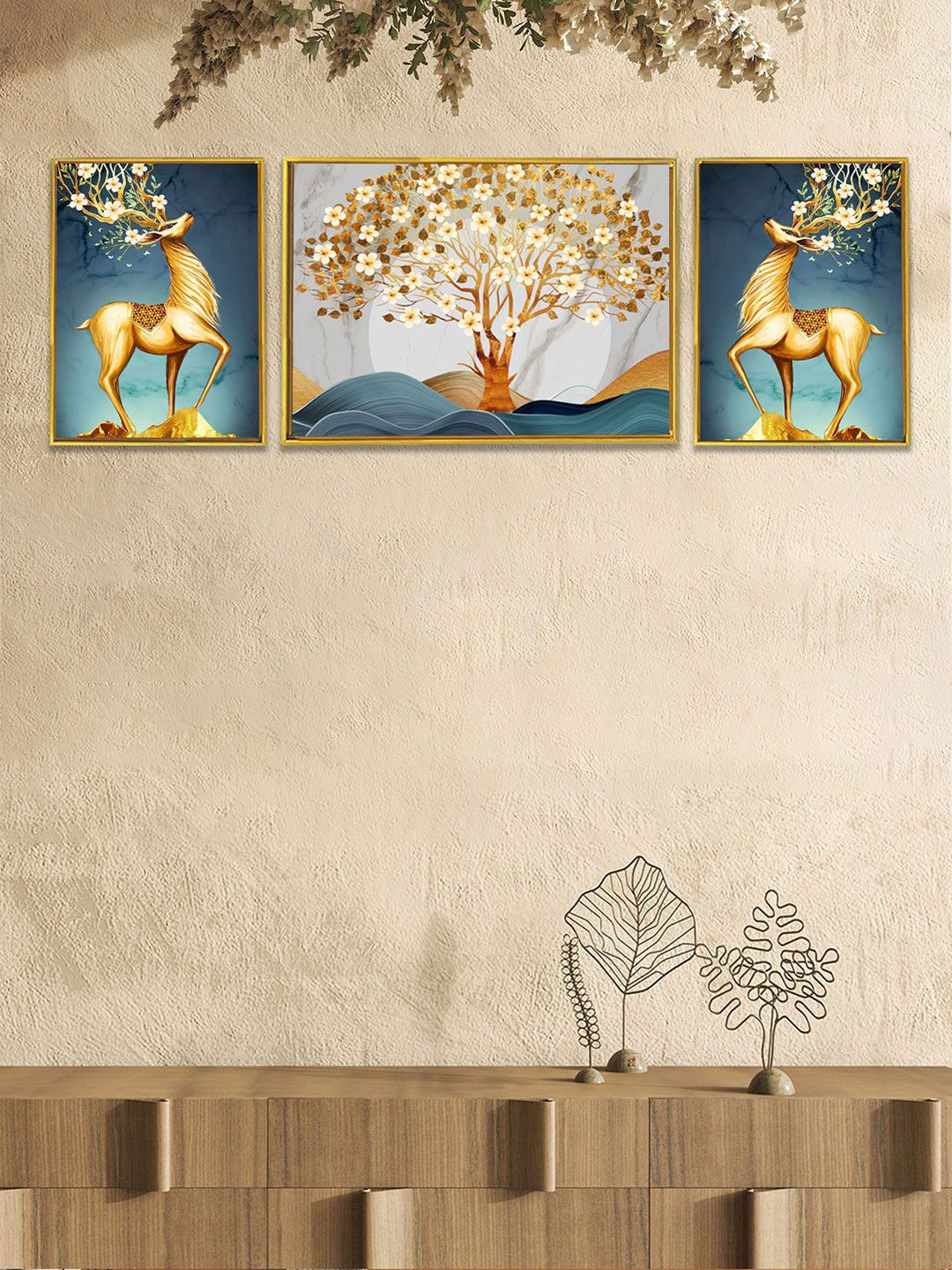 Art Street Set Of 3 Deer With Auspicious Tree Printed Framed Wall Painting Price in India