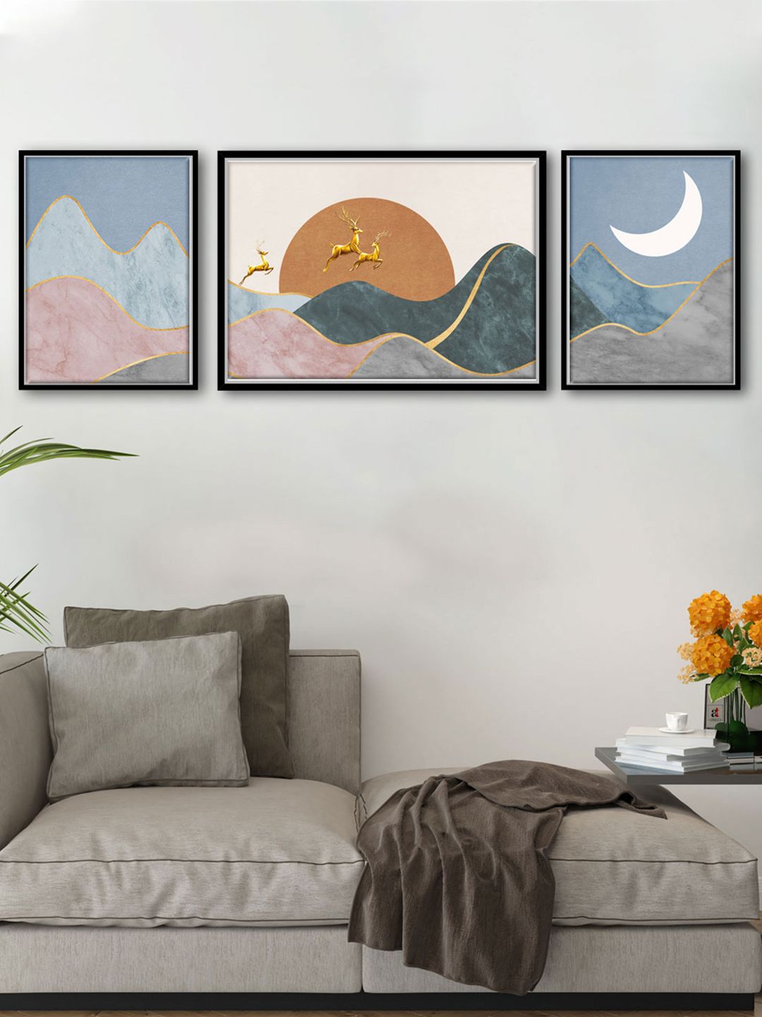 Art Street Set of 3 Mountain Moon Canvas Paintings Price in India