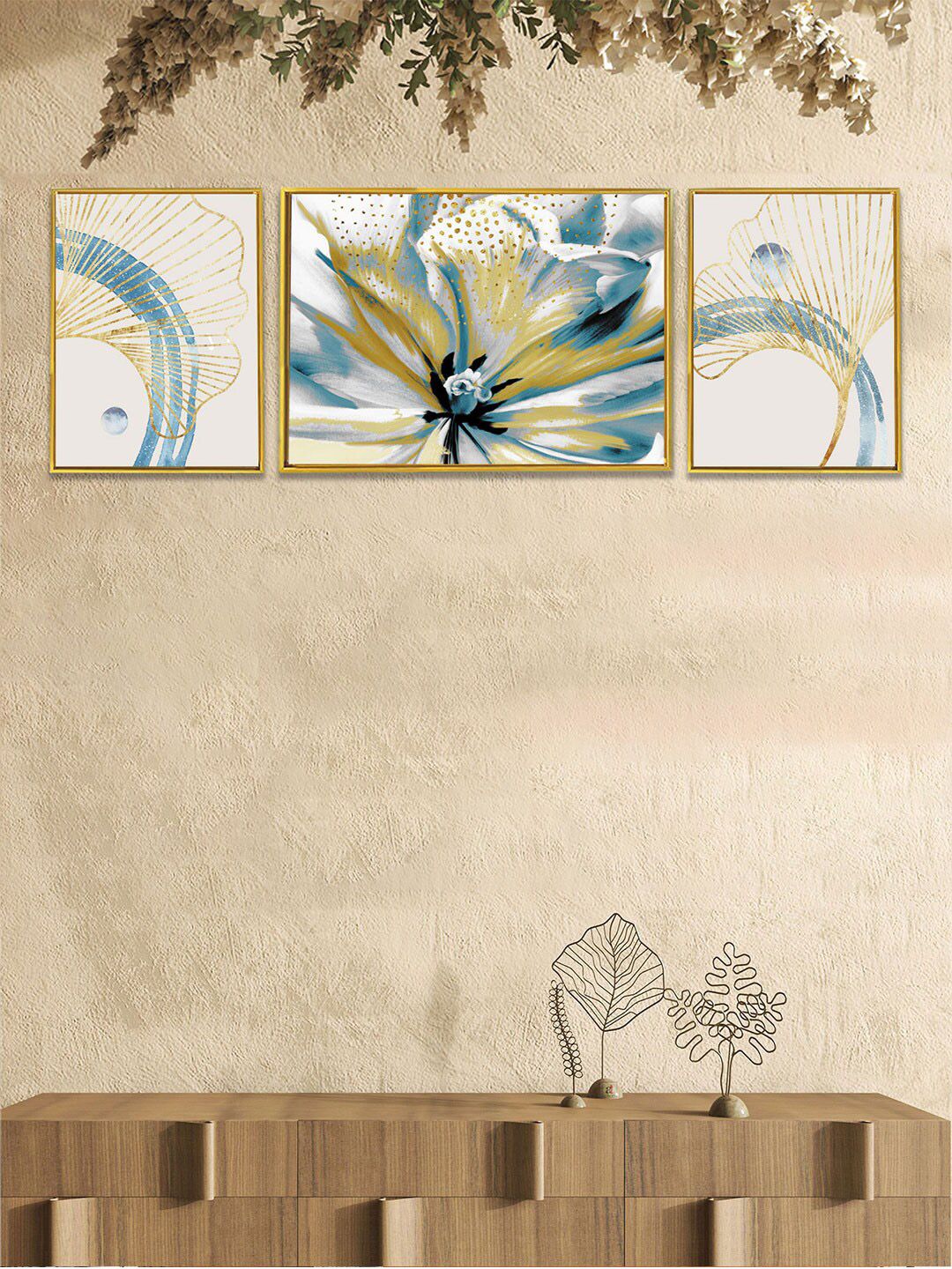 Art Street Set of 3 Floral Gingko Leaves Wall Paintings Price in India