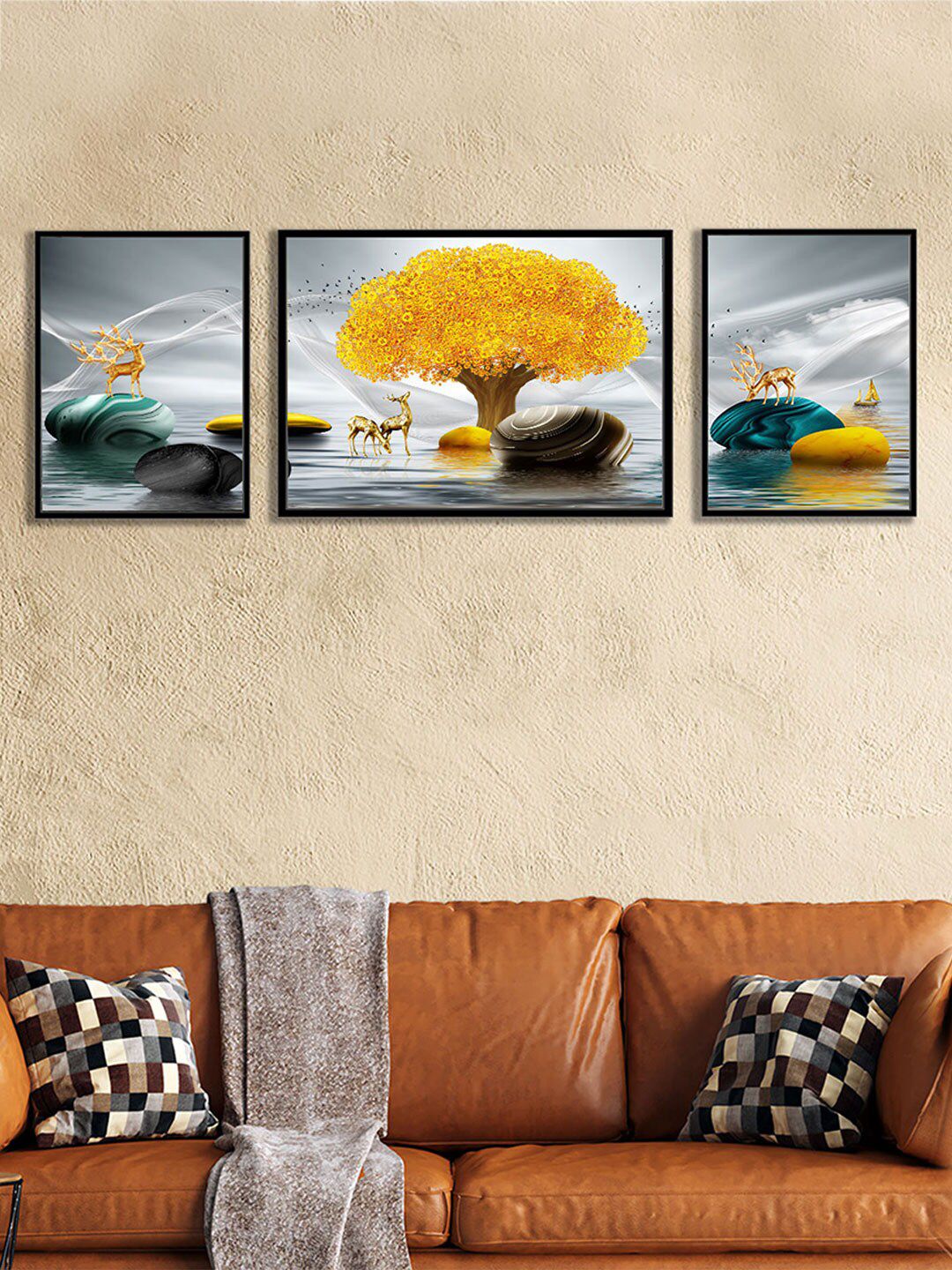 Art Street Set of 3 Deer & Golden Tree Wall Painting Price in India