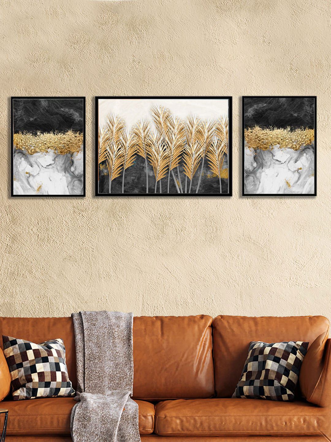 Art Street Set of 3 Palm Soil Gold Theme Art Print Paintings Price in India