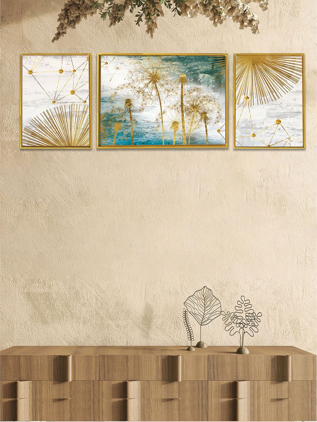 Art Street Set of 3 Golden Dandelions Canvas Wall Painting Price in India