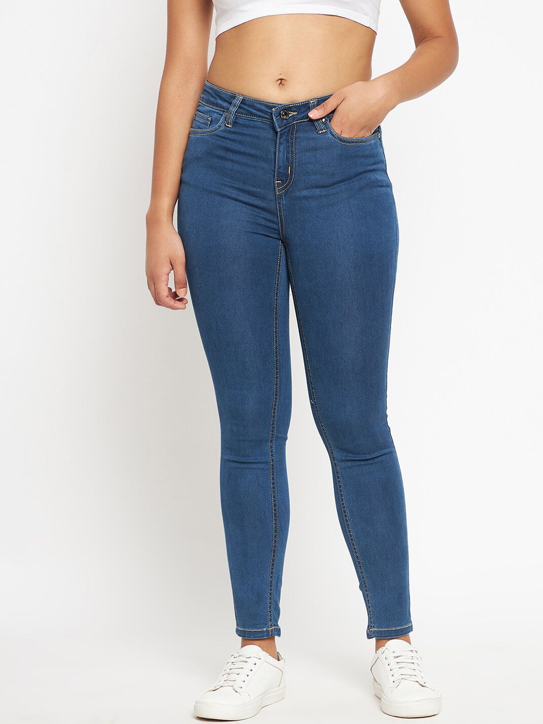 Madame Women Navy Blue No Fade Mid Rise Cotton Jeans Price in India