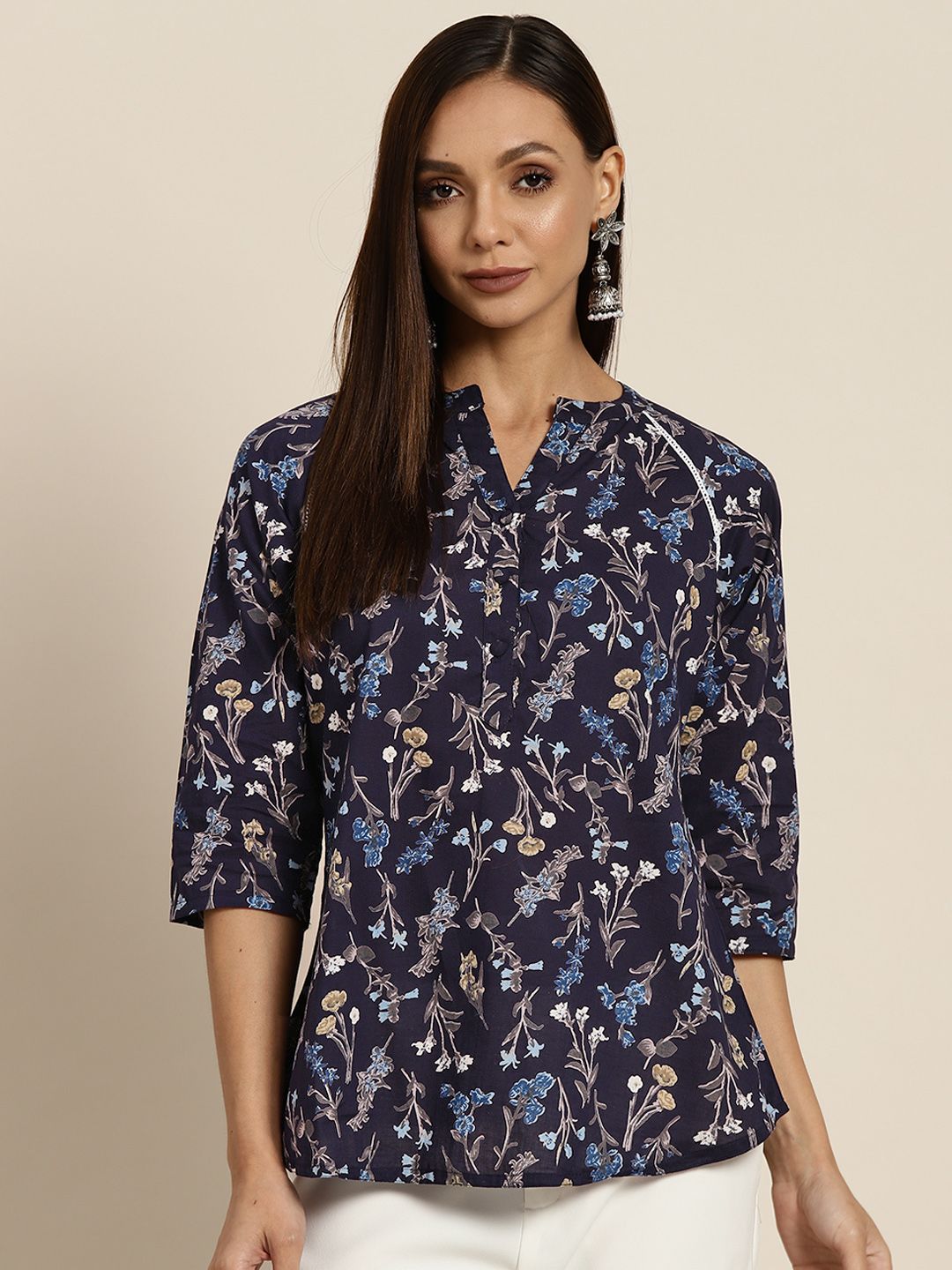 Rain & Rainbow Navy Blue Floral Print Mandarin Collar Pure Cotton Top