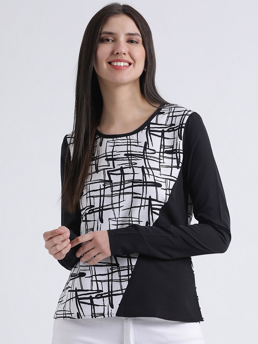 DressBerry Black Checked Crepe Top Price in India