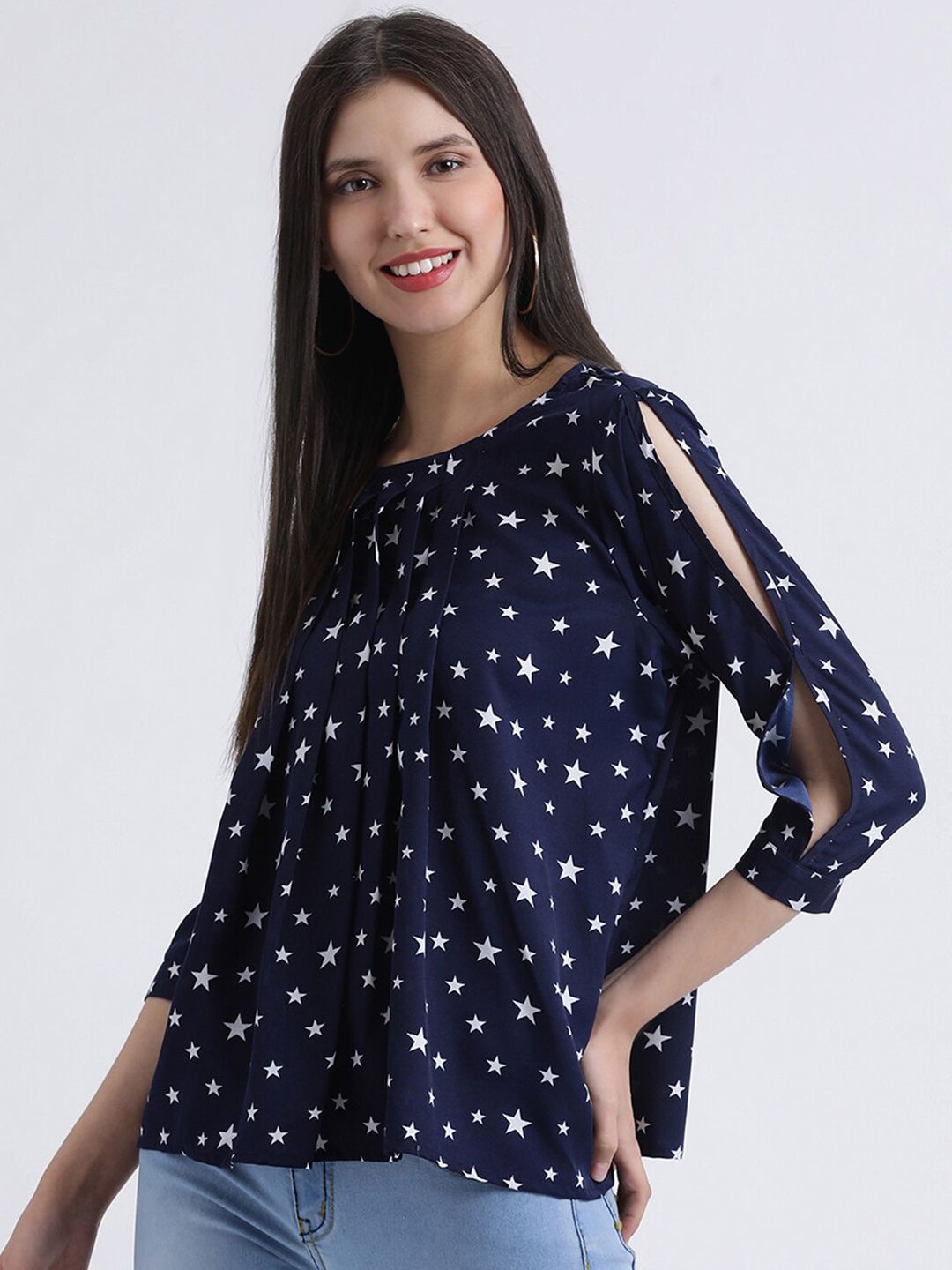 DressBerry Navy Blue Geometric Print Crepe Top Price in India