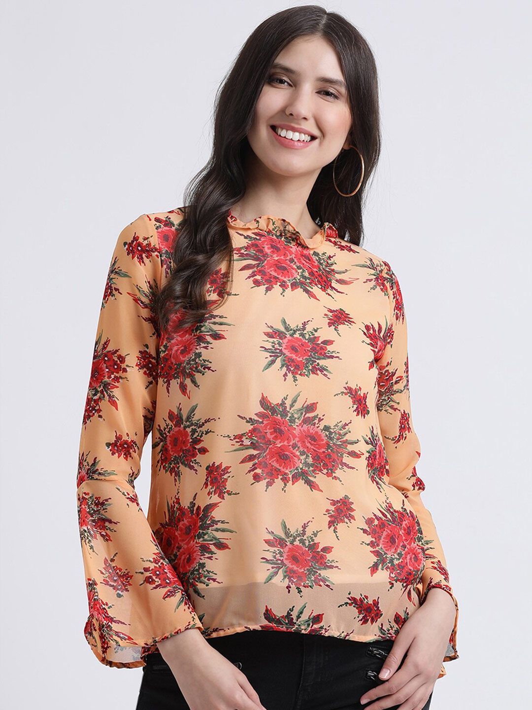 DressBerry Peach-Coloured Floral Print Georgette Top Price in India