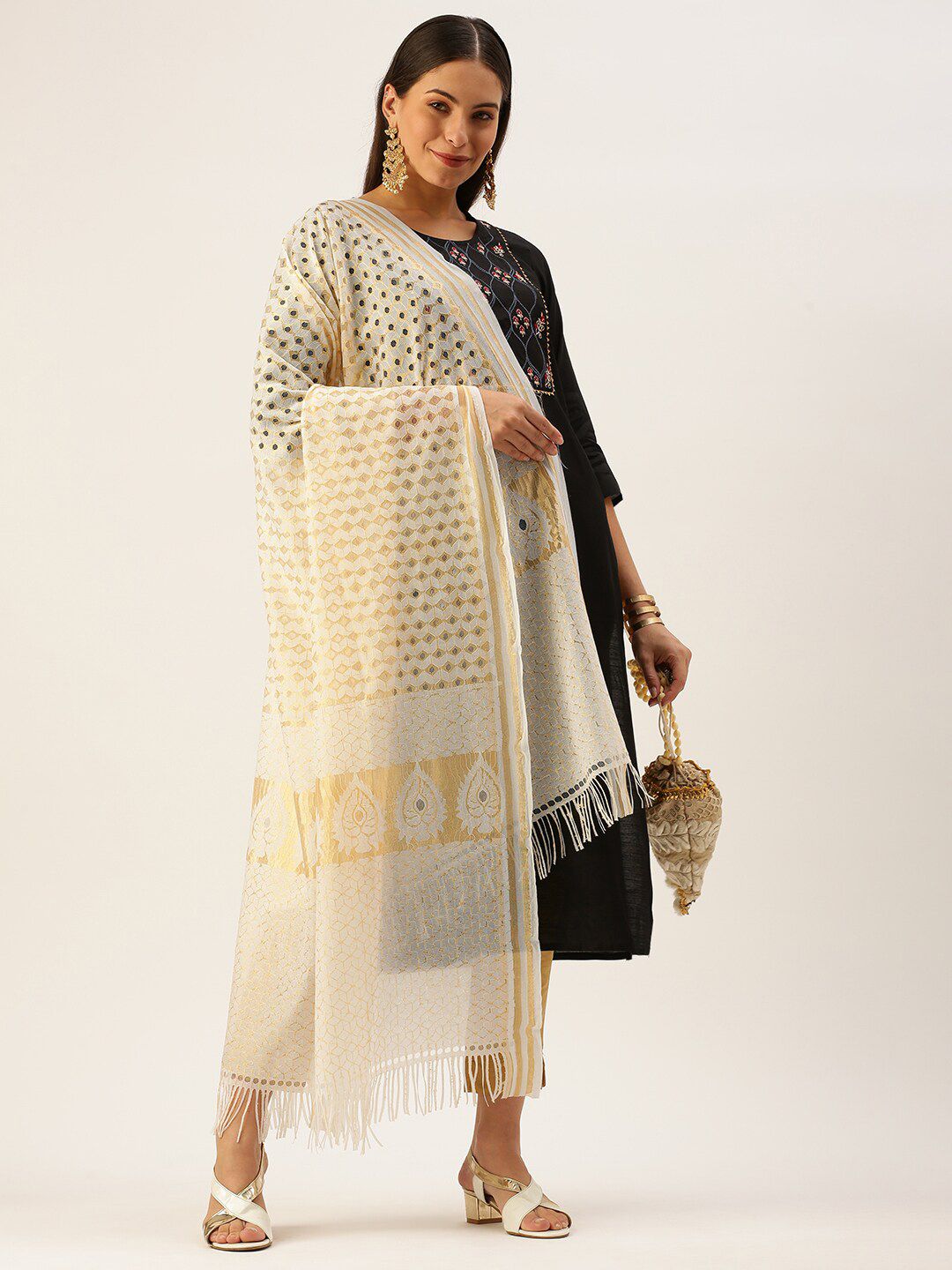 Sanwara White & Gold-Toned Ethnic Motifs Woven Design Pure Cotton Dupatta with Zari Price in India