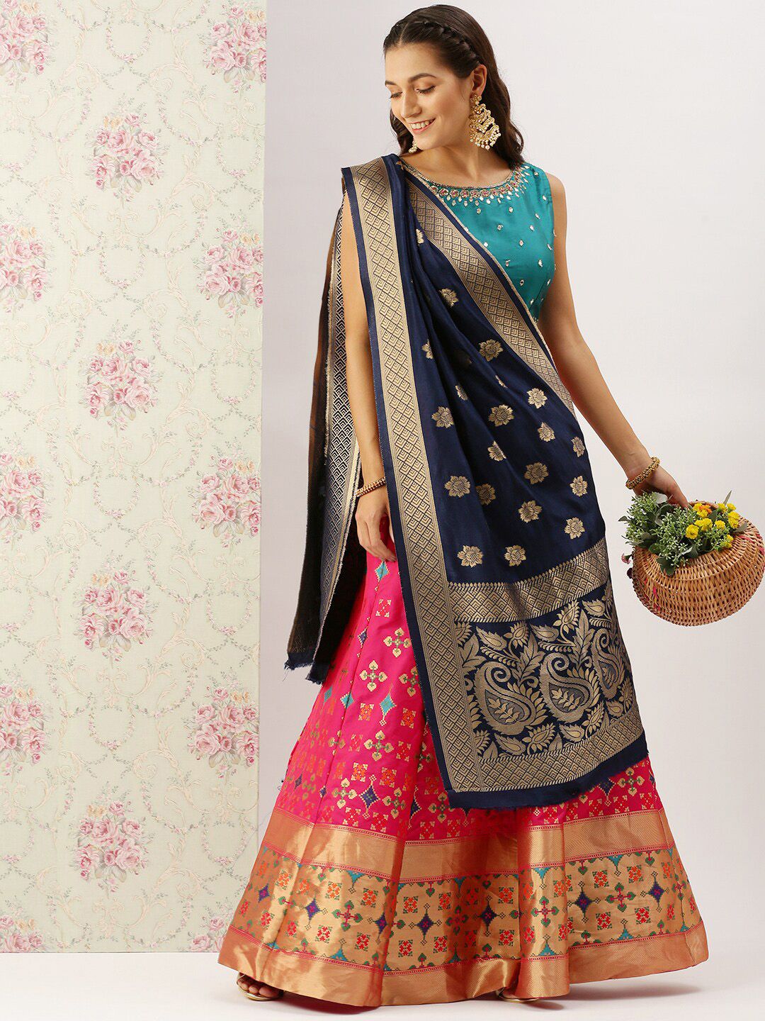 Sanwara Blue & Gold-Toned Ethnic Motifs Woven Design Pure Silk Dupatta with Zari Price in India