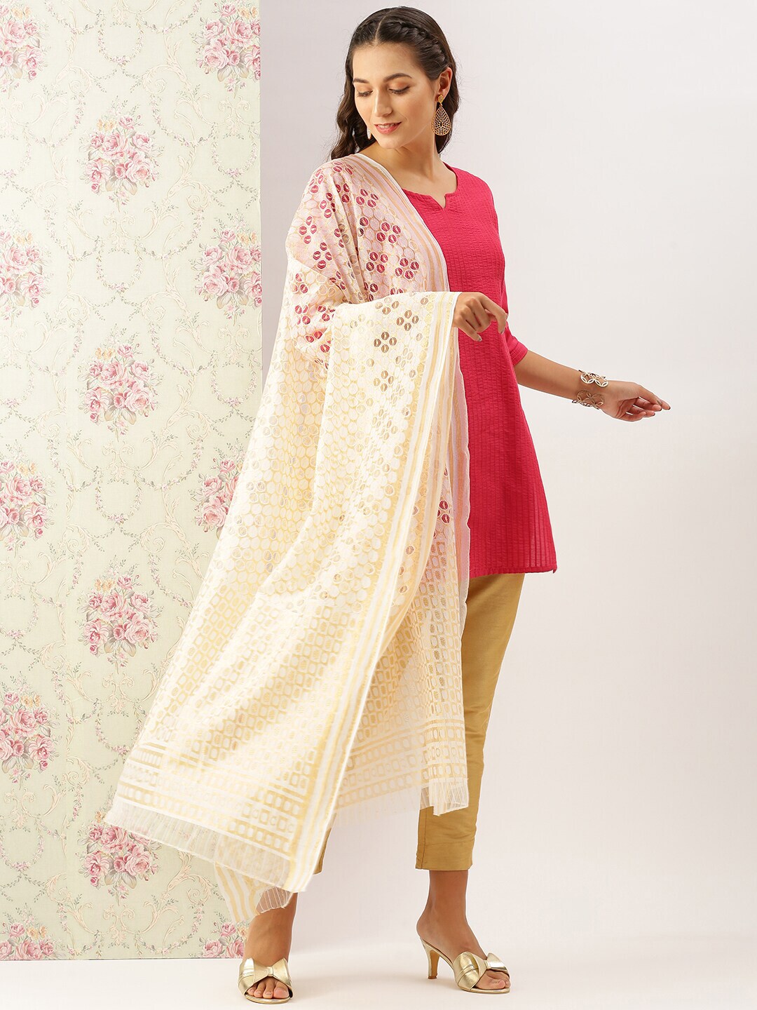 Sanwara White & Gold-Toned Ethnic Motifs Woven Design Pure Cotton Dupatta with Zari Price in India