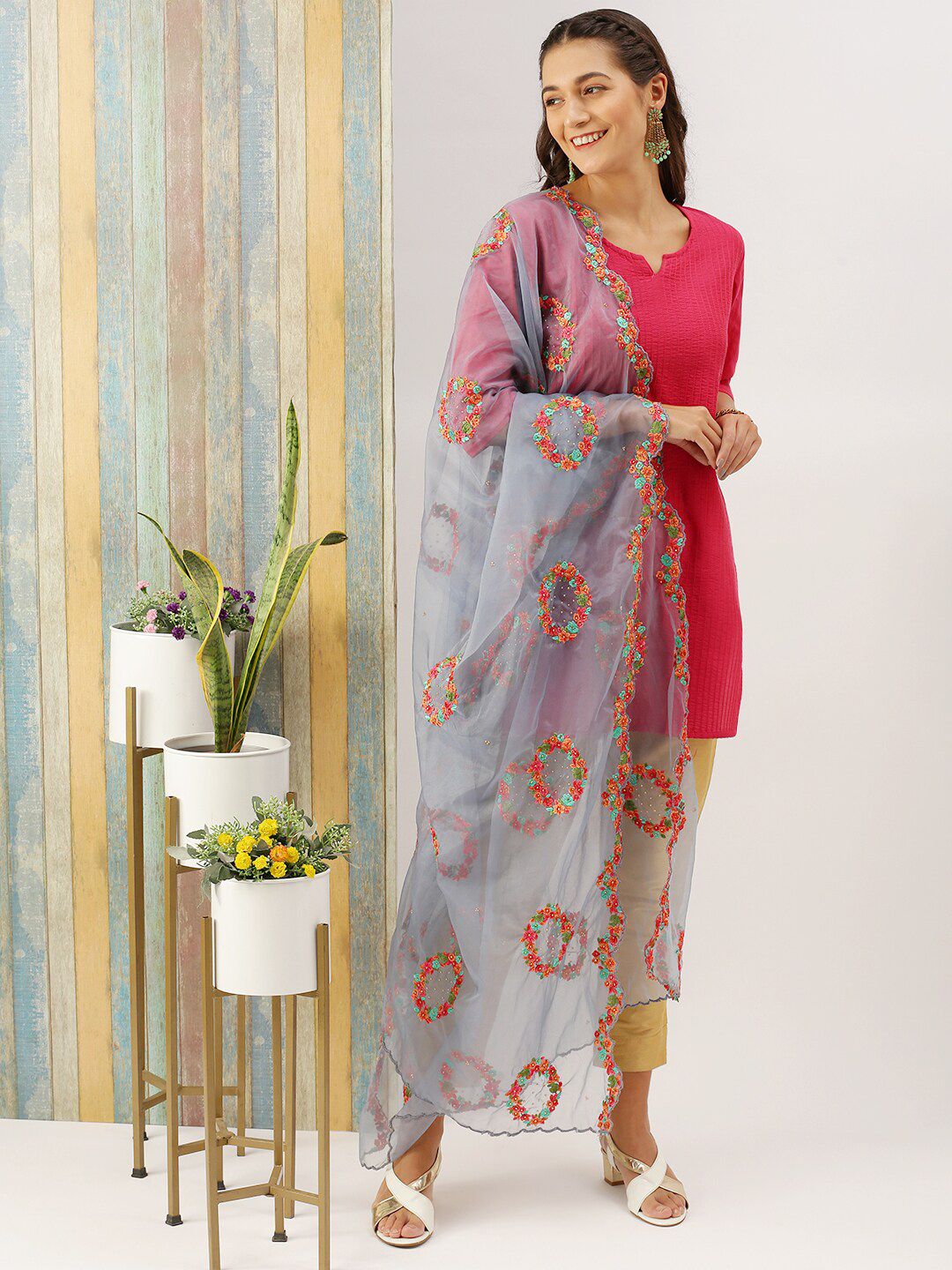 Sanwara Grey Ethnic Motifs Embroidered Organza Dupatta with Thread Work Price in India