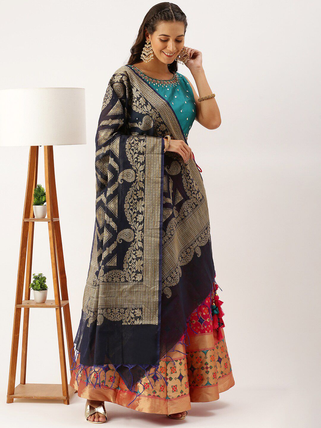 Sanwara Blue & Gold-Toned Ethnic Motifs Embroidered Dupatta with Zari Price in India