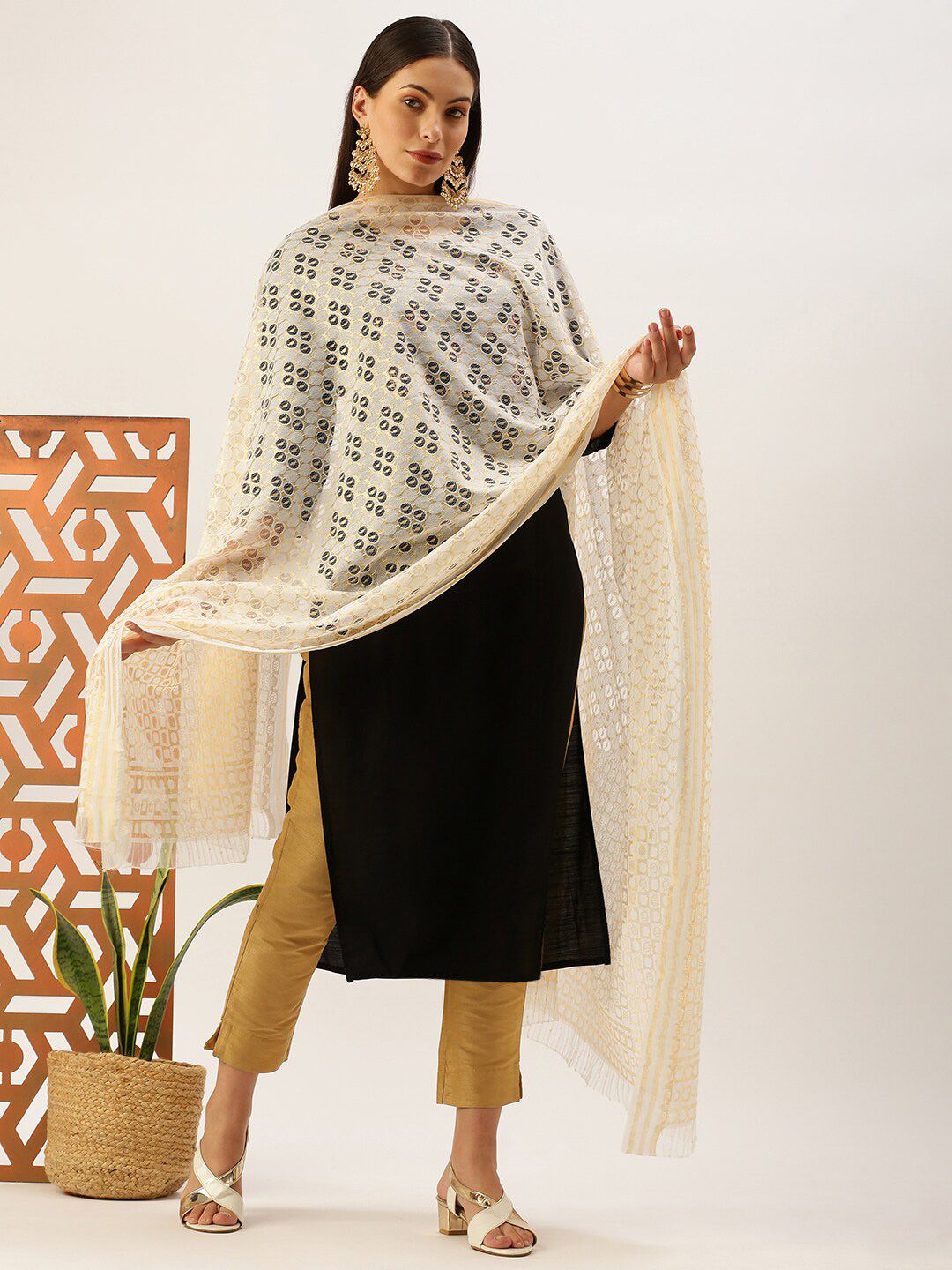 Sanwara White & Gold-Toned Ethnic Motifs Woven Design Pure Cotton Dupatta with Zari Price in India