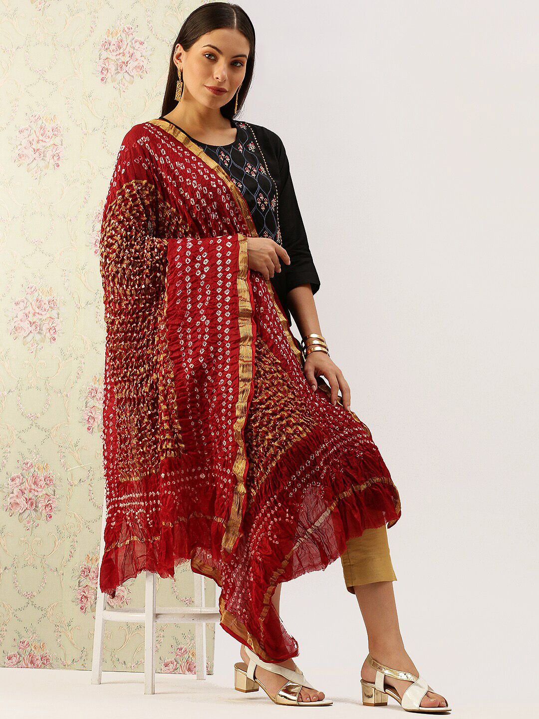 Sanwara Maroon & White Woven Design Pure Silk Bandhani Dupatta with Zari Price in India